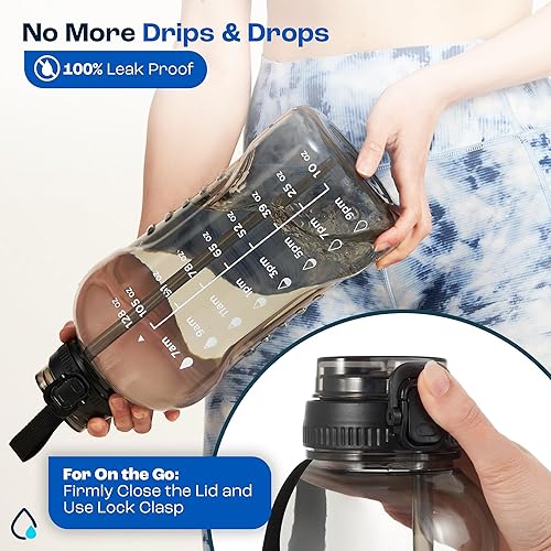 Miniatura 5 de AQUAFIT Botella de agua de 128 onzas con marcador de tiempo, tapa de popote y pico 2 en 1, botella de agua grande con popote, botella de agua para