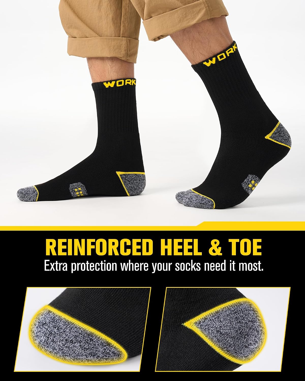 Men's Work Socks, 10 Pairs, Black Crew Length, Terry Cushion thumbnail