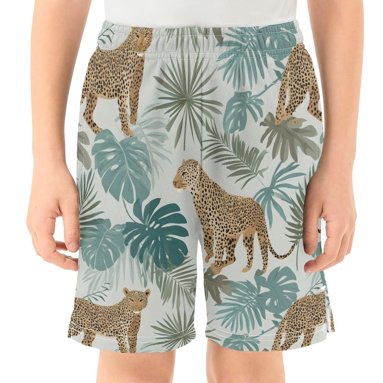 panksolu Tropical Leopards Palm Leaves Boys Athletic Shorts Kids with Pockets Shorts for boy Girls 12-13 Y
