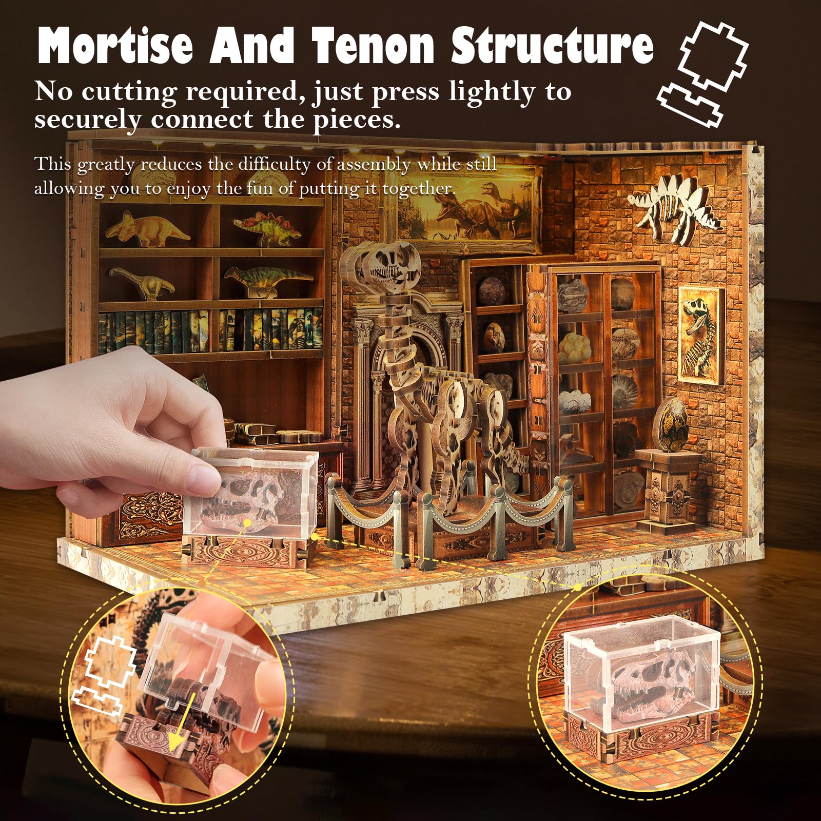 Cuteefun DIY Casa en Miniatura, Miniaturas Maquetas Kit de Madera con LED, Estructura de Ensamblaje con Espigas, Fácil de Montar, Regalo para Cumpleaños, Navidad y Halloween (Sala de Dinosaurios)