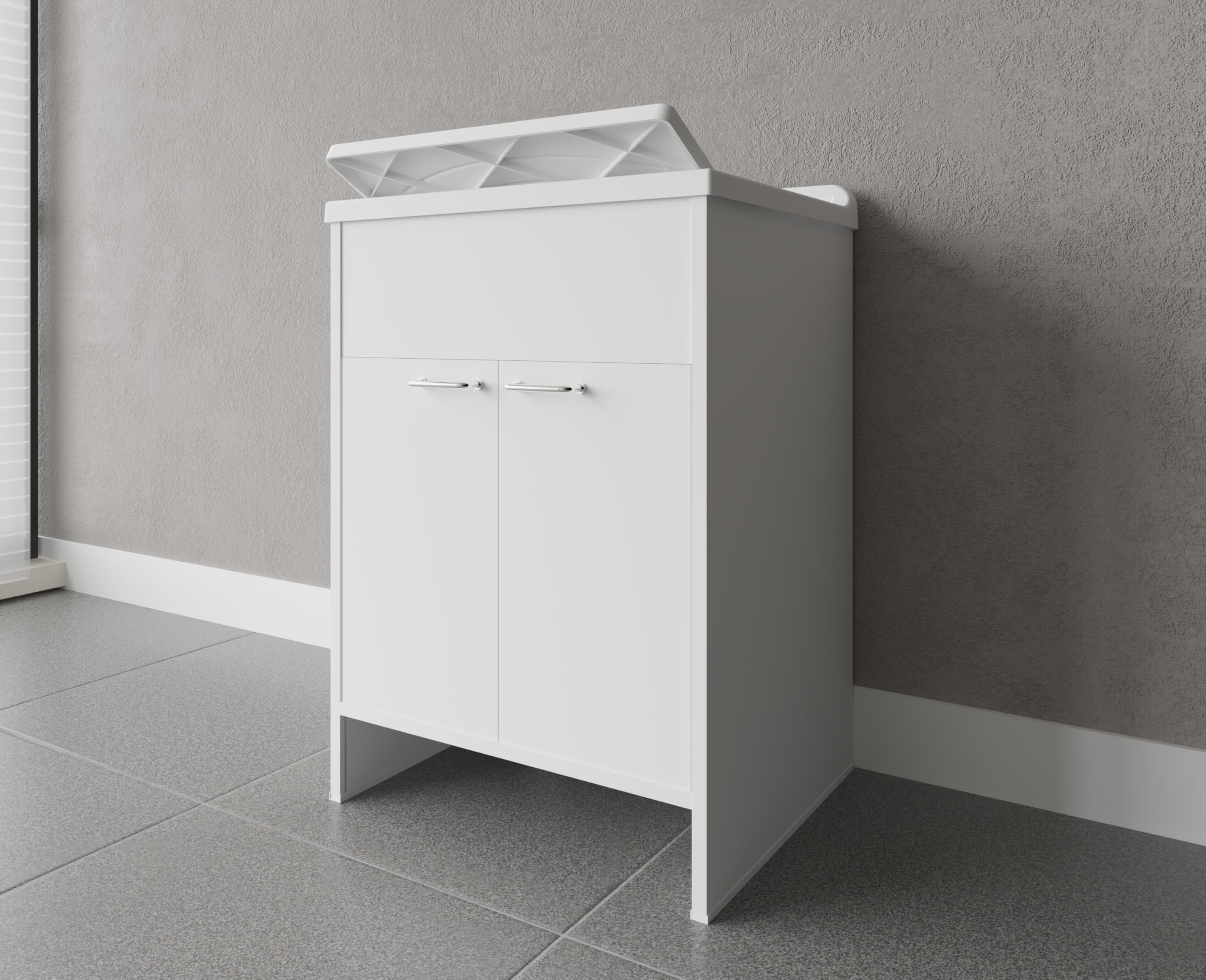 Negrari composizione, Mobile Lavatoio + Specchio + Colonna in Resina, Resistente all'umidità, Vasca resistente agli acidi, Kit di scarico incluso, Interno e Esterno, Bianco