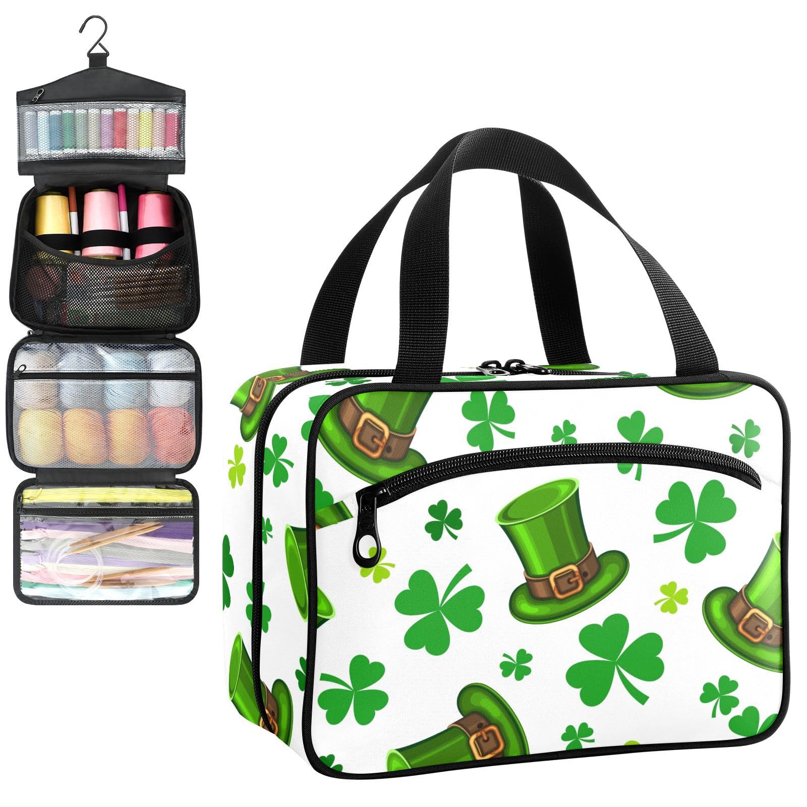 YNNALE Sewing Supply Organizer Bag, Green St.patrick's Hat Shamrock Clover Portable Sewing Bags with Pockets&Hanger, Sewing Storage Box Case for Sew Supplies/Kit/Tools/Accessories (BAG ONLY)