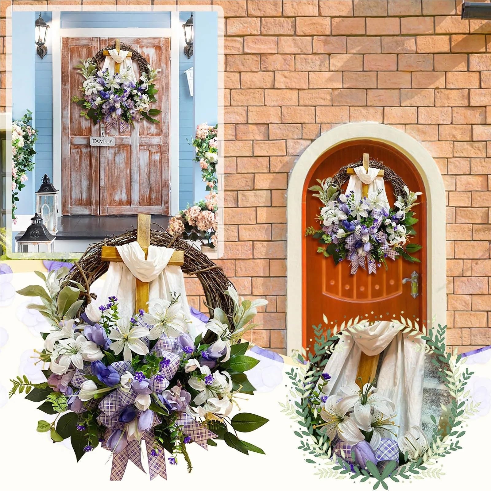 Couronne de 40 cm à Faire soi-même avec Croix, décoration printanière, Guirlande de Porte d'entrée de Pâques, décoration Murale, Couronne Artificielle for la Maison pour Mariage, Maison
