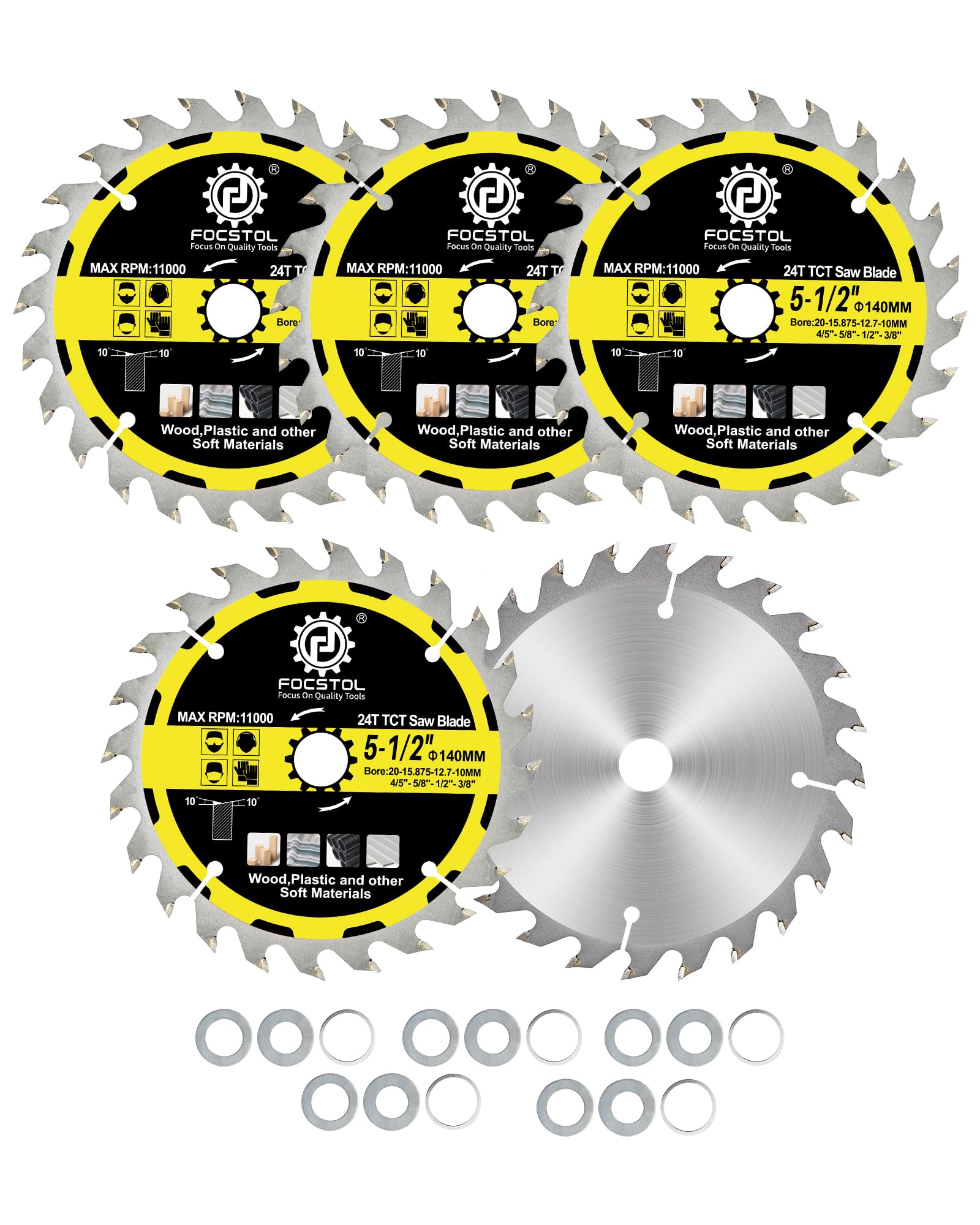 FOCSTOL Wood Cutting Circular Saw Blade 140mm - 5pcs 24 Teeth TCT Cutting Blade for Wood, Plywood, Particle Board, Plastics and Other Soft Materials