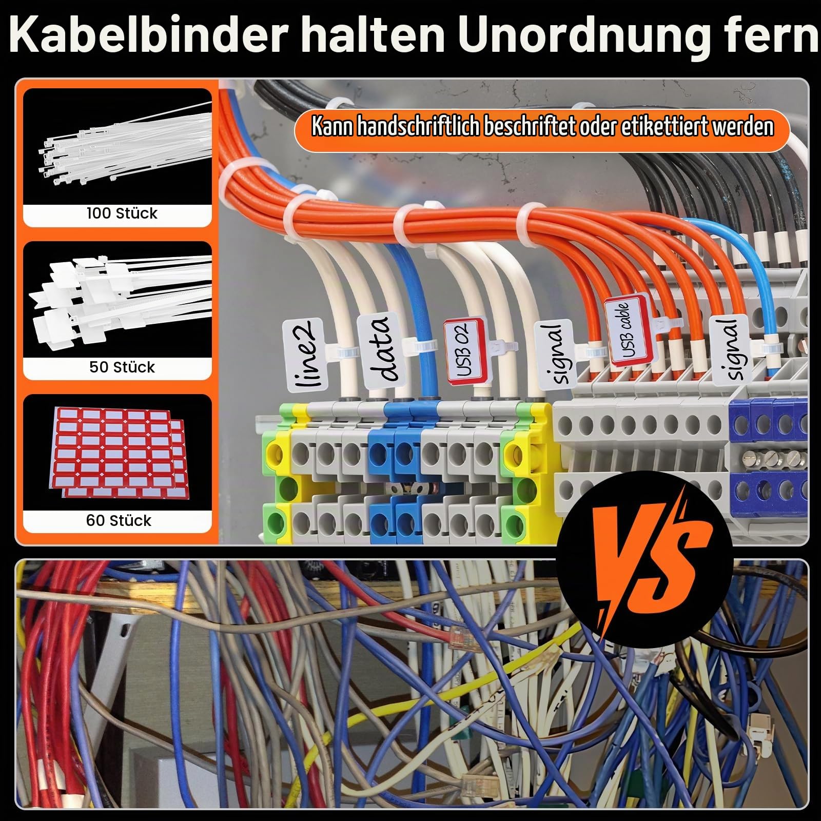 Preciva Sechskant Crimpzange 0.08-16mm² Aderendhülsenzange mit Aufbewahrungsbox + 1500 Stück Aderendhülsen + 100 Stück 15cm Kabelbinder + 50 Stück Kabelbinder mit Beschriftungsfeld