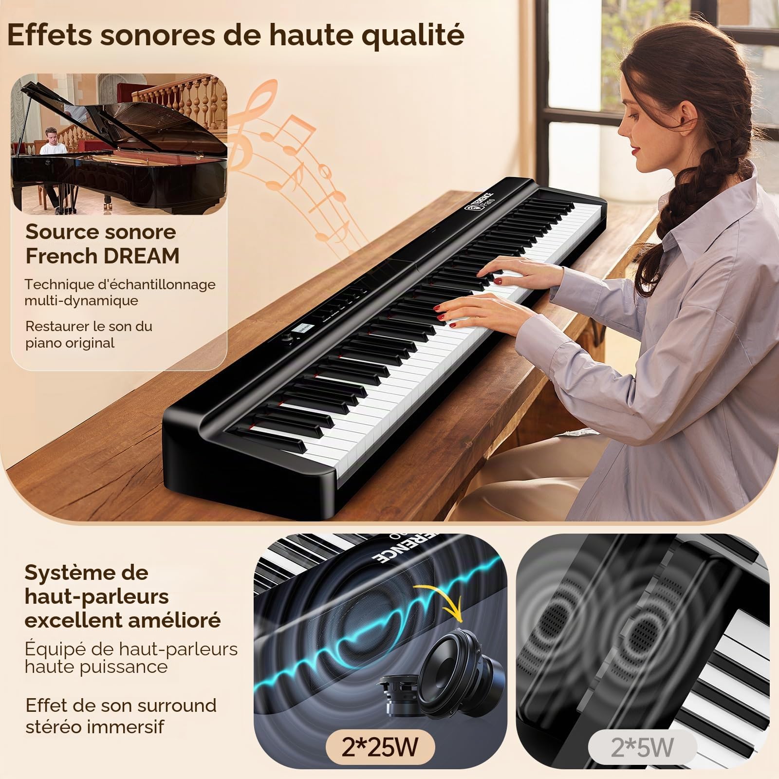 TERENCE Pliable Piano Numérique 88 touches avec Haut parleur 2x25W Batterie de 2000mAh lestées Pédale de Sustain interface MIDI avec support de partitions Bluetooth Sacs pour Piano Câble audio Casque