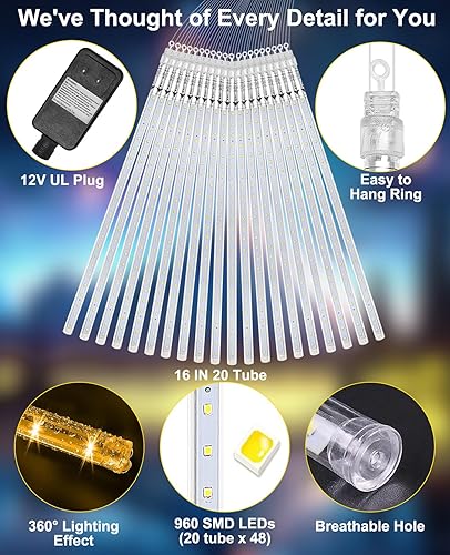 Miniatura 9 de Luces de Navidad para exteriores, 16 pulgadas, 20 tubos, luz de lluvia de meteoros, cadena de caída de lluvia, iluminación de carámbano, nieve,