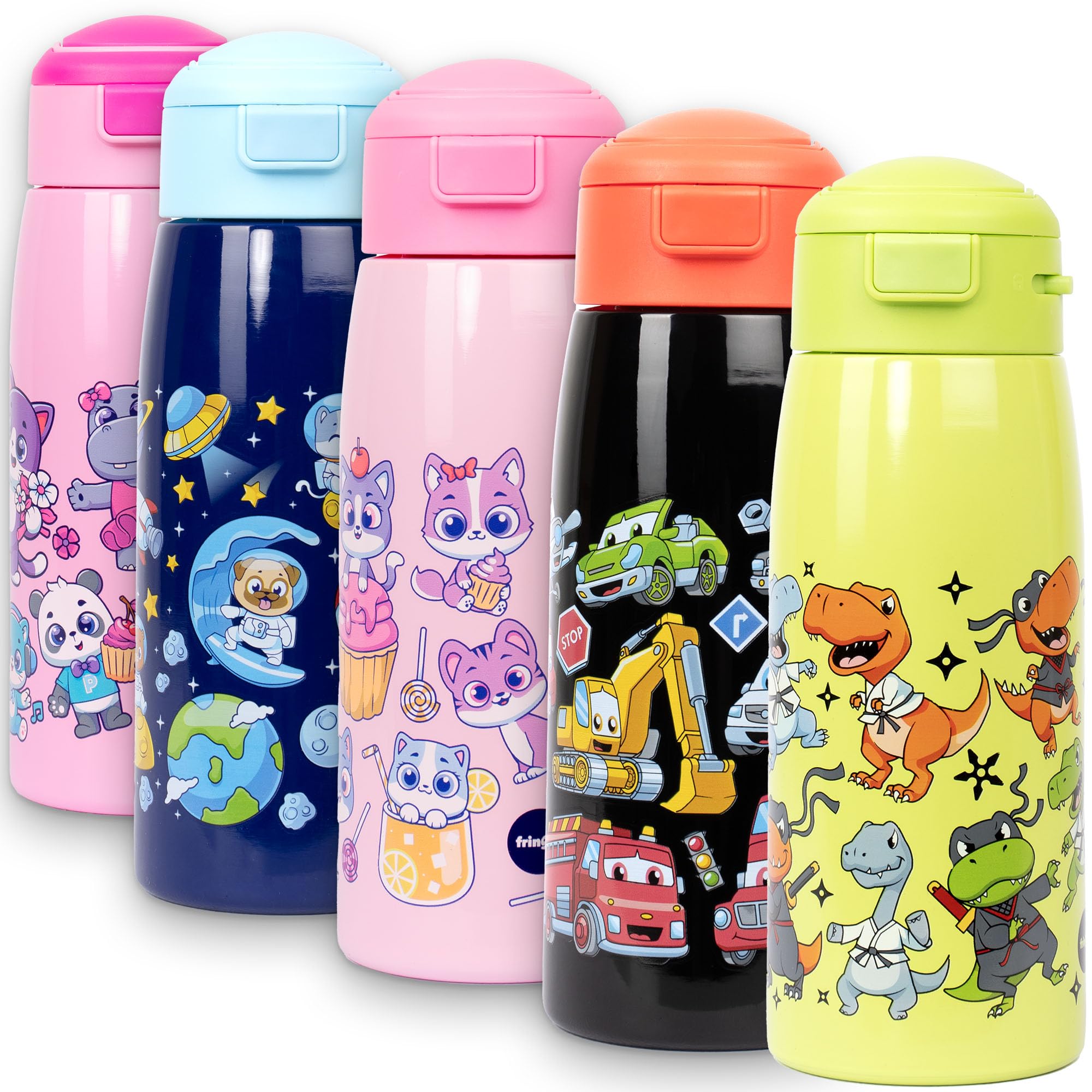 Fringoo Toddler Water Bottle with Straw 350ml Stainless Steel Bottle,Insulated Double Wall, 100% Leak-Proof and Lockable, Carry Handle, 12hr temp control, Green Dino Ninja — image 1