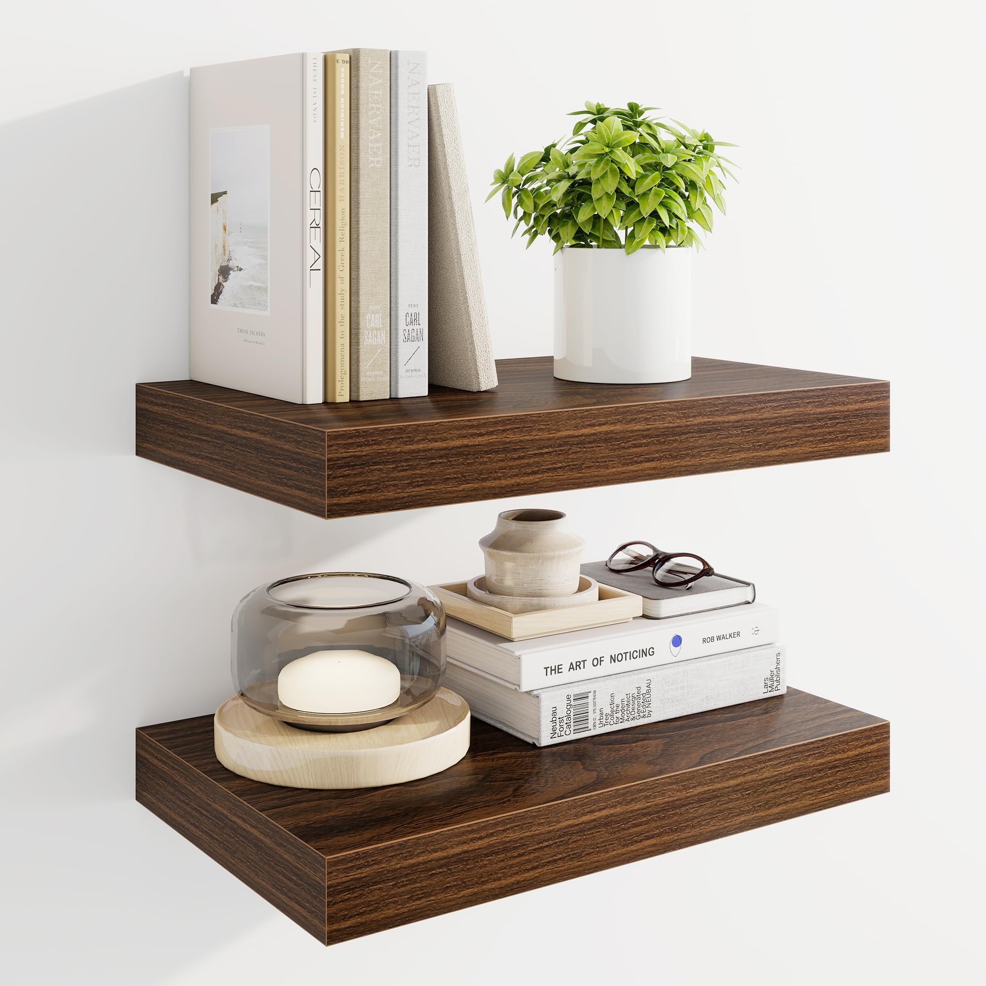 Marsmiles 40cm Floating Shelves for Wall, Wooden Shelves with Invisible Brackets Set of 2, Rustic Farmhouse Wall Mounted Shelf for Kitchen Bathroom Living Room Study, Walnut