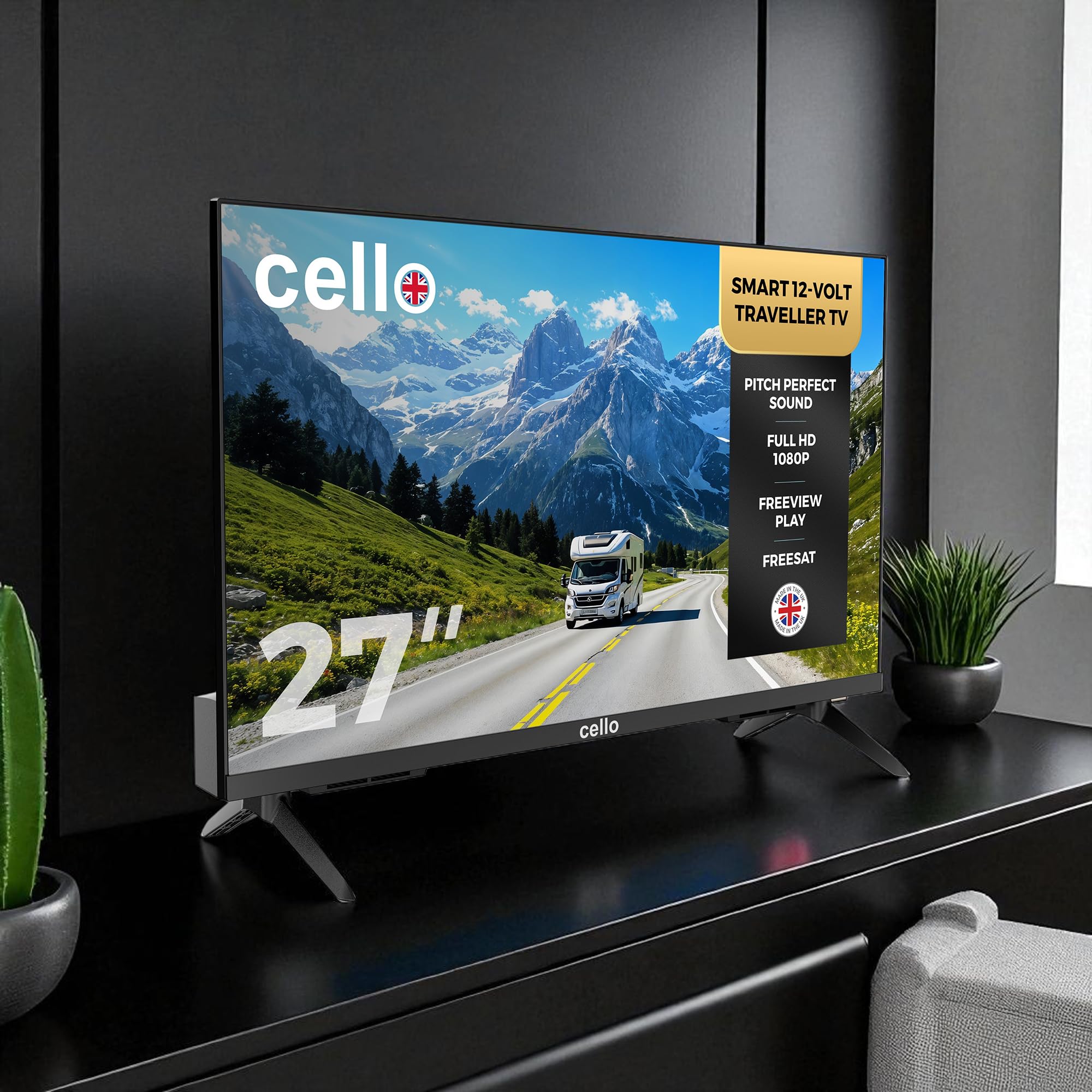 Cello Bianco 12 Volt 27 pollici Traveller Smart TV, WebOS ultra-veloce, Freeview Play, FreeSat, Bluetooth, Netflix, Apple TV e DAZN per camper, roulotte e camion