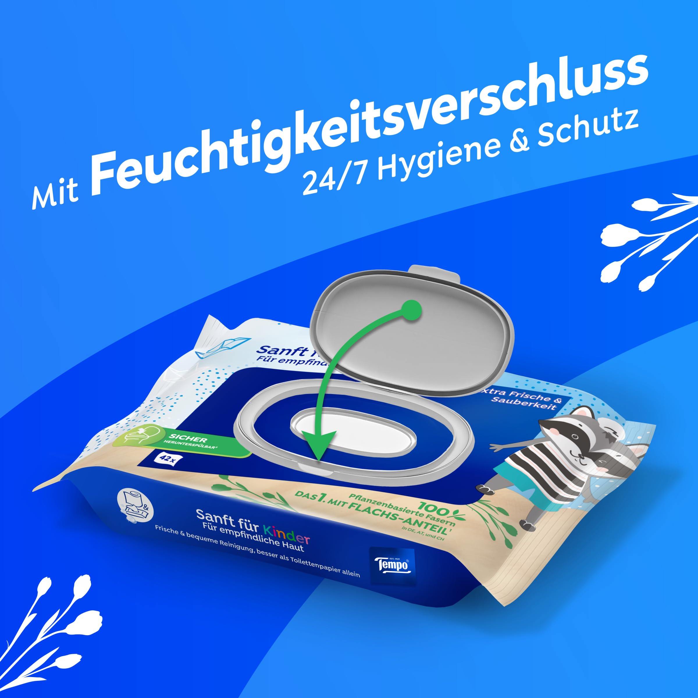 Tempo Toilettenpapier feucht für Kinder, Megapack, Designedition, 16 Packungen, 42 Tücher