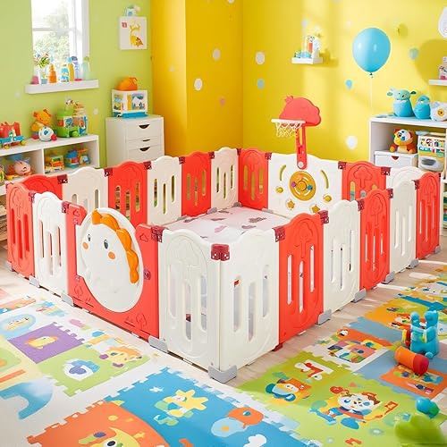 FAHKNS Corralito para bebés de 18 paneles, plegable sin costuras ajustable con alfombra, equipado con cerradura de puerta externa para seguridad en