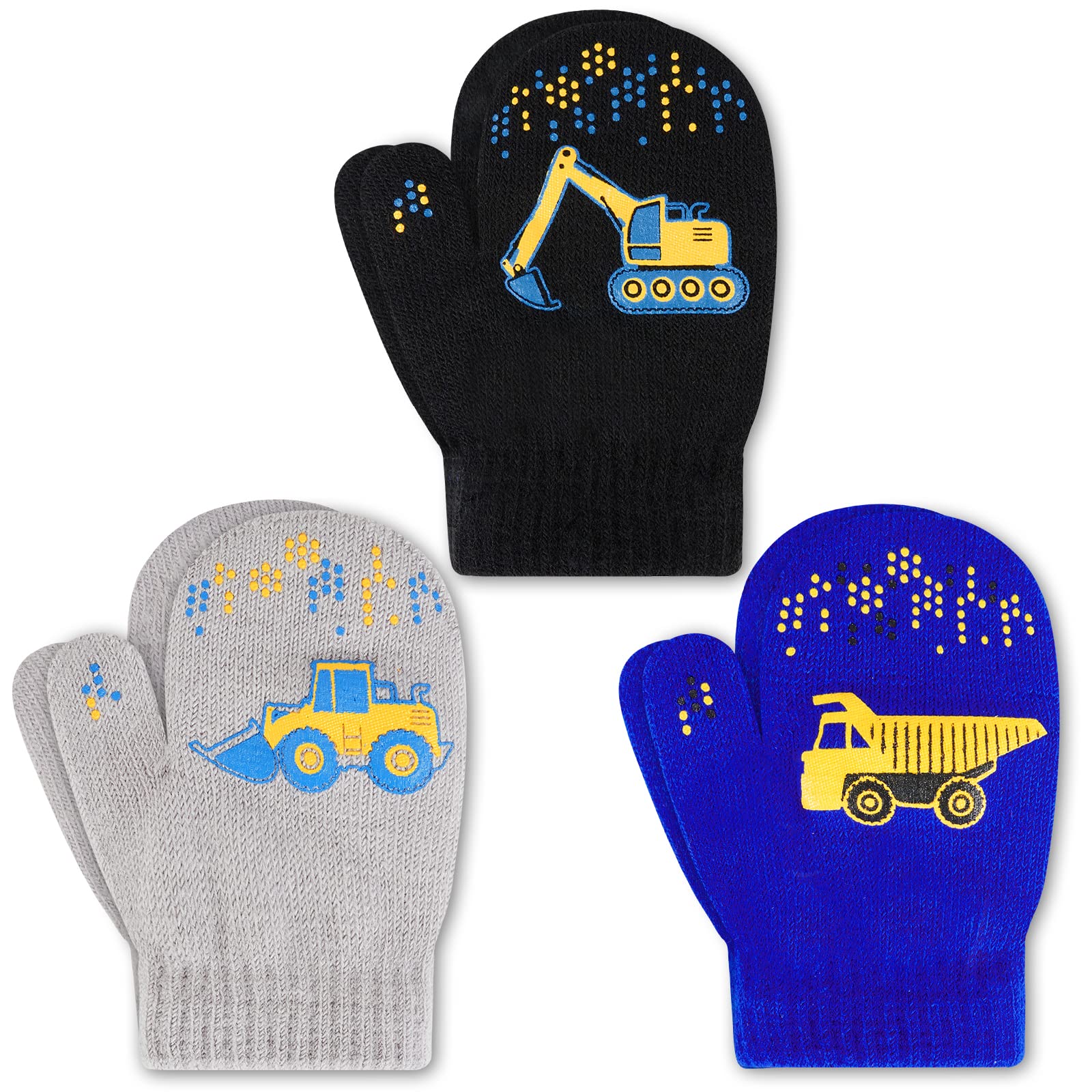 WAWSAM 3 Pares de Guantes de Invierno Para Niños Pequeños Mitones de Punto Elásticos para Niños Guantes de Esquí para Bebés Guantes a Rayas para Niñas y Niños Guantes de Invierno de Camión
