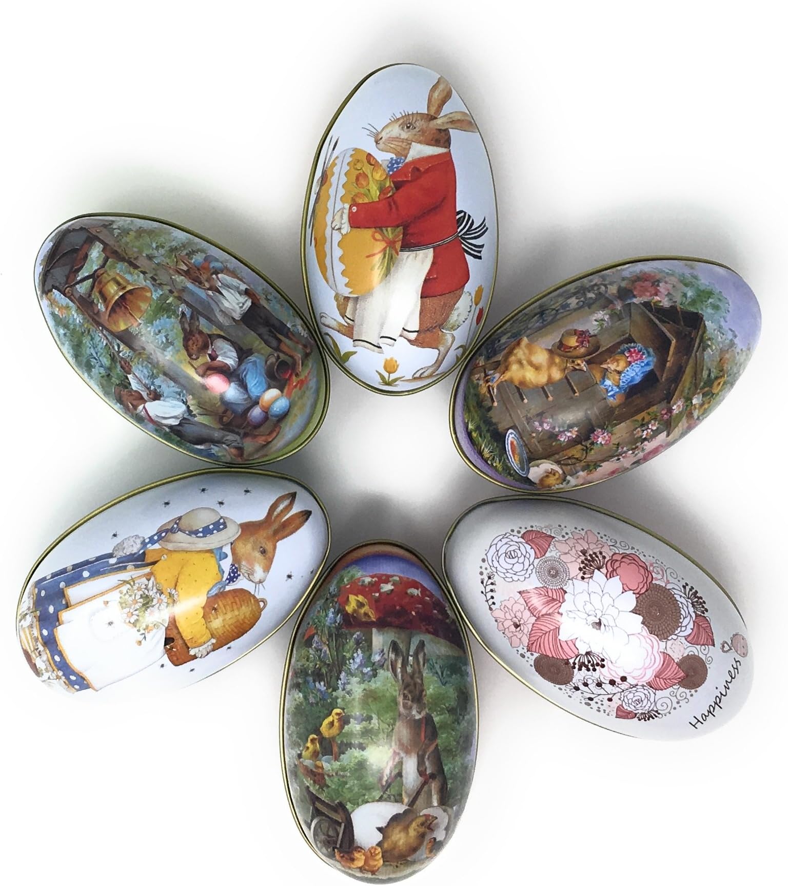 Tin Easter Eggs, Vintage Rabbit Chicks Flower Jumbo Large Size Set for Filling with Candy, Toys (6)