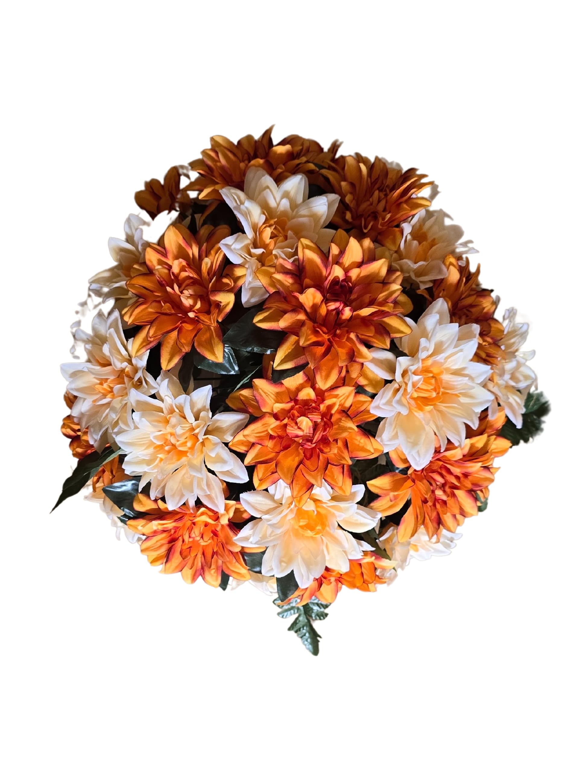 Centro de Flores Artificiales Cementerio, Iglesia Bodas sepulturas Malva y Blanco con dalias Naranjas y Amarillas Redondo 50x50x36 cm