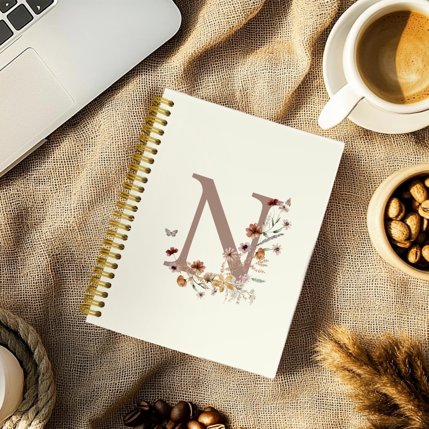THDSE Cuadernos personalizados con letra N inicial, cuaderno de espiral con monograma floral retro, cuaderno vintage de tapa dura para la escuela, cuadernos universitarios rayados de 5.5 x 8.3