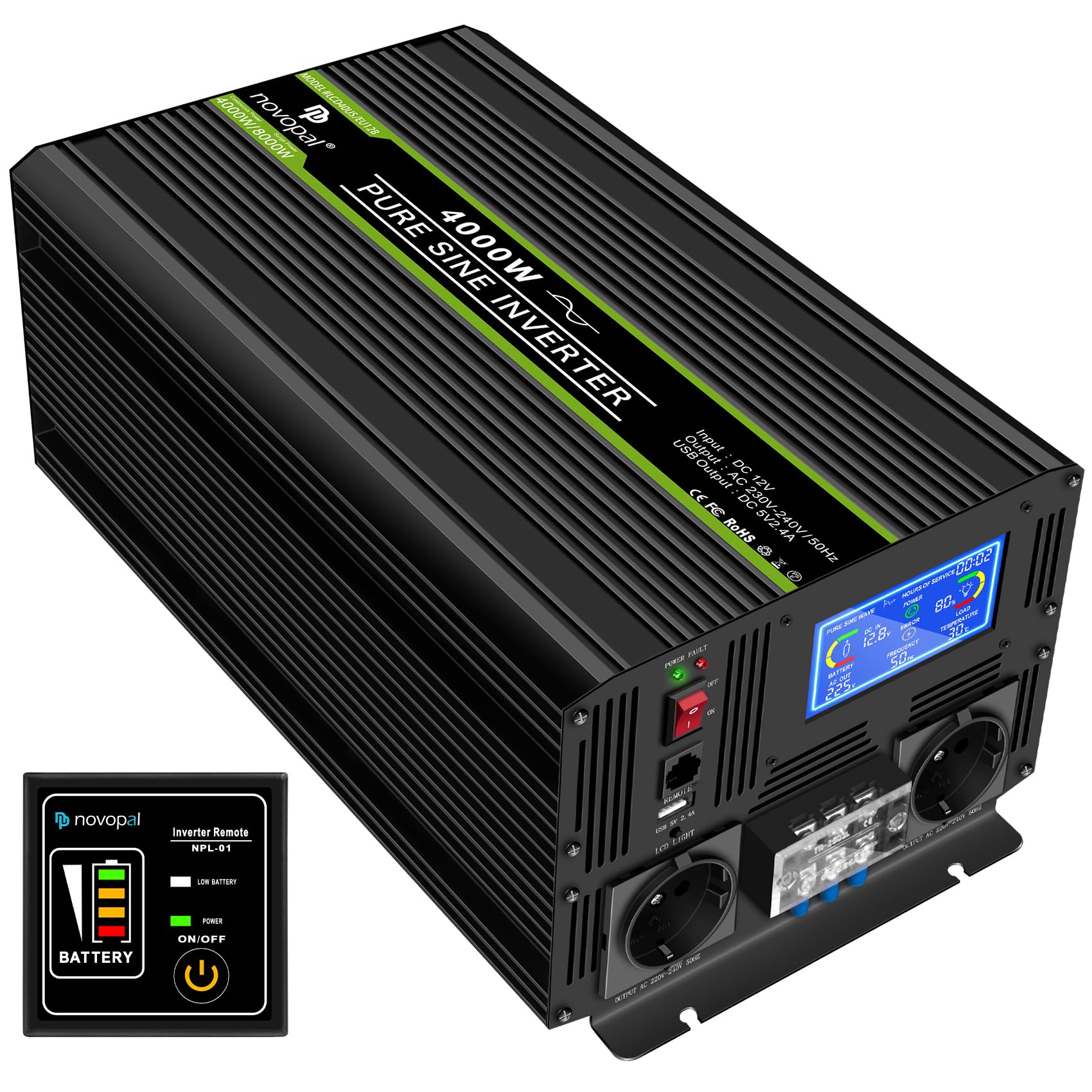 NOVOPAL Inversor 12v 220v Onda Pura 4000W/8000W Convertidor | 5M Mando a Distancia, USB+LCD Display para Coche, Caravana, Barco
