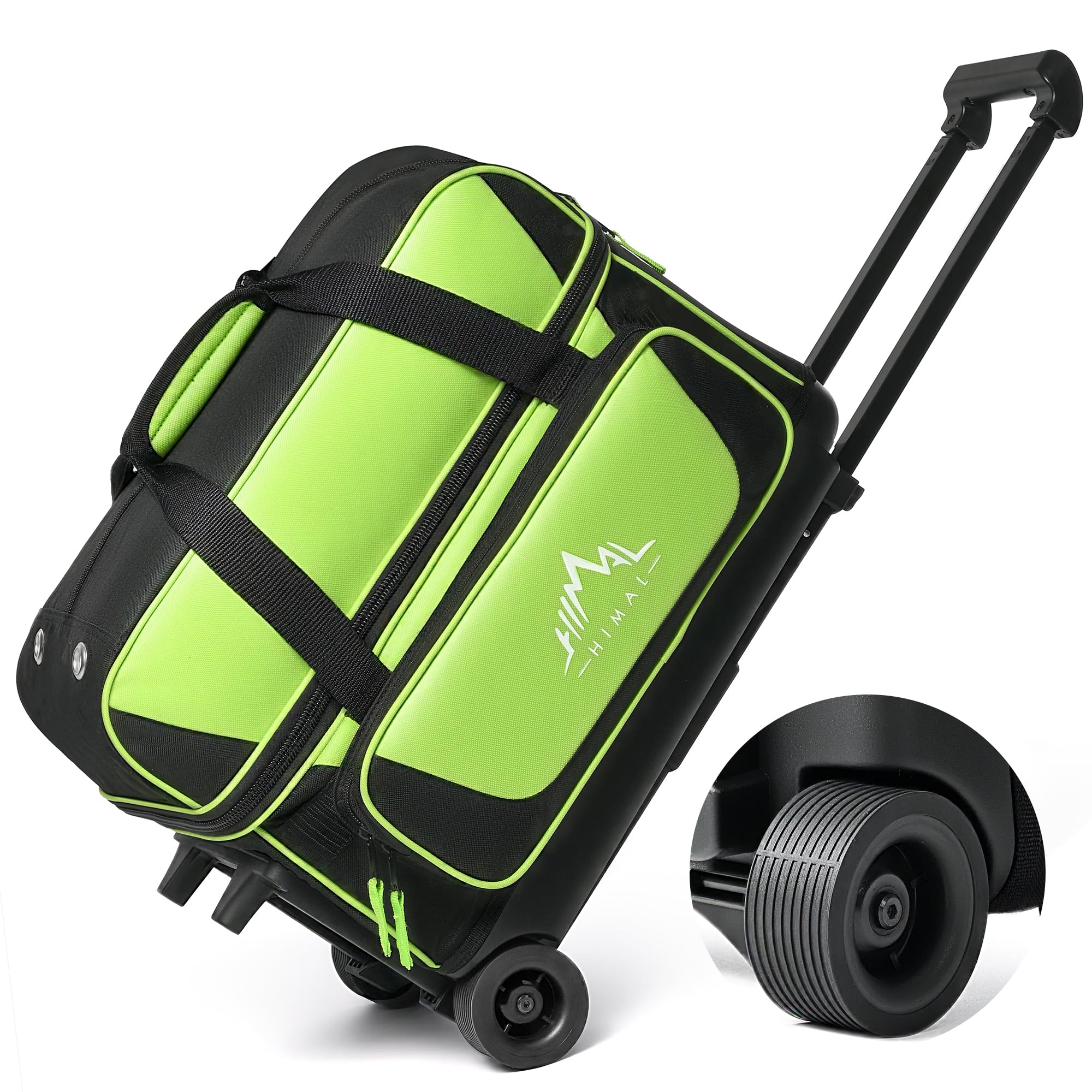 Double Roller 2 Ball Bowling Bag with Separate Shoe Compartment for Bowling Shoes (Up To US Mens Size 15) and Oversized Accessory Pocket, Retractable Handle - Extends to 40"