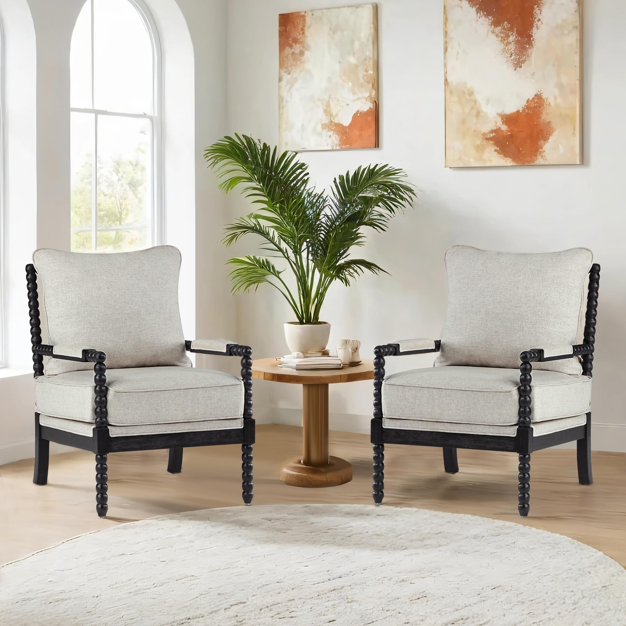 DUHOME Linen Fabric Spindle Accent Chairs Set of 2,Bobbin Chair with High Resilience Spring Cushion and Armrest Pads, Leisure Armchair for Living Room