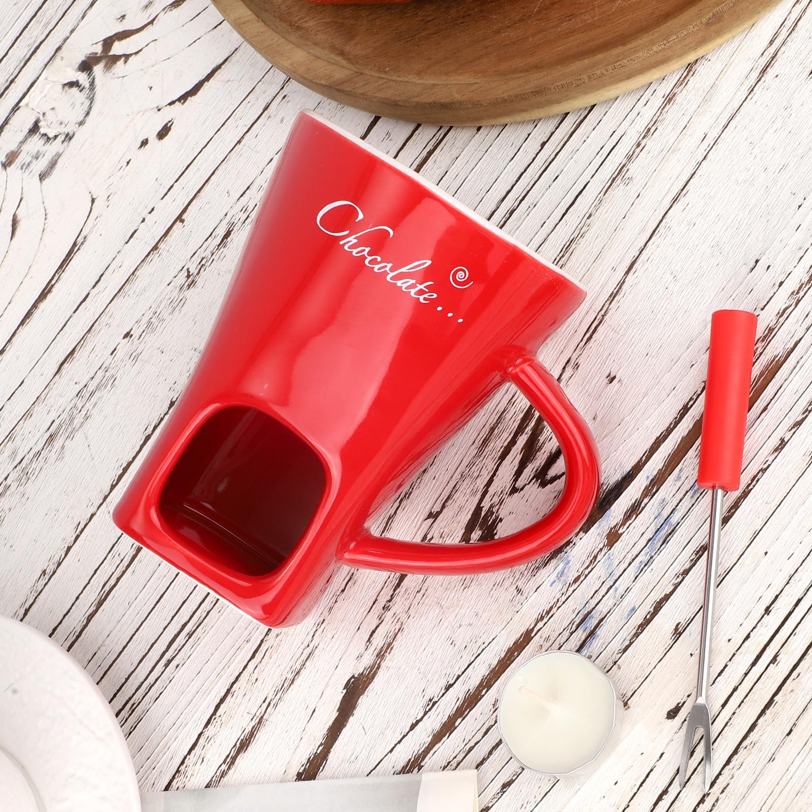 Juego Tazas para Fondue de Chocolate, Cerámica Mini Olla Fondue con Tenedor y Calentador de Velas Taza para Derretir Chocolate Ideal Postres Citas San Valentín Cumpleaños y Bodas (Rojo)