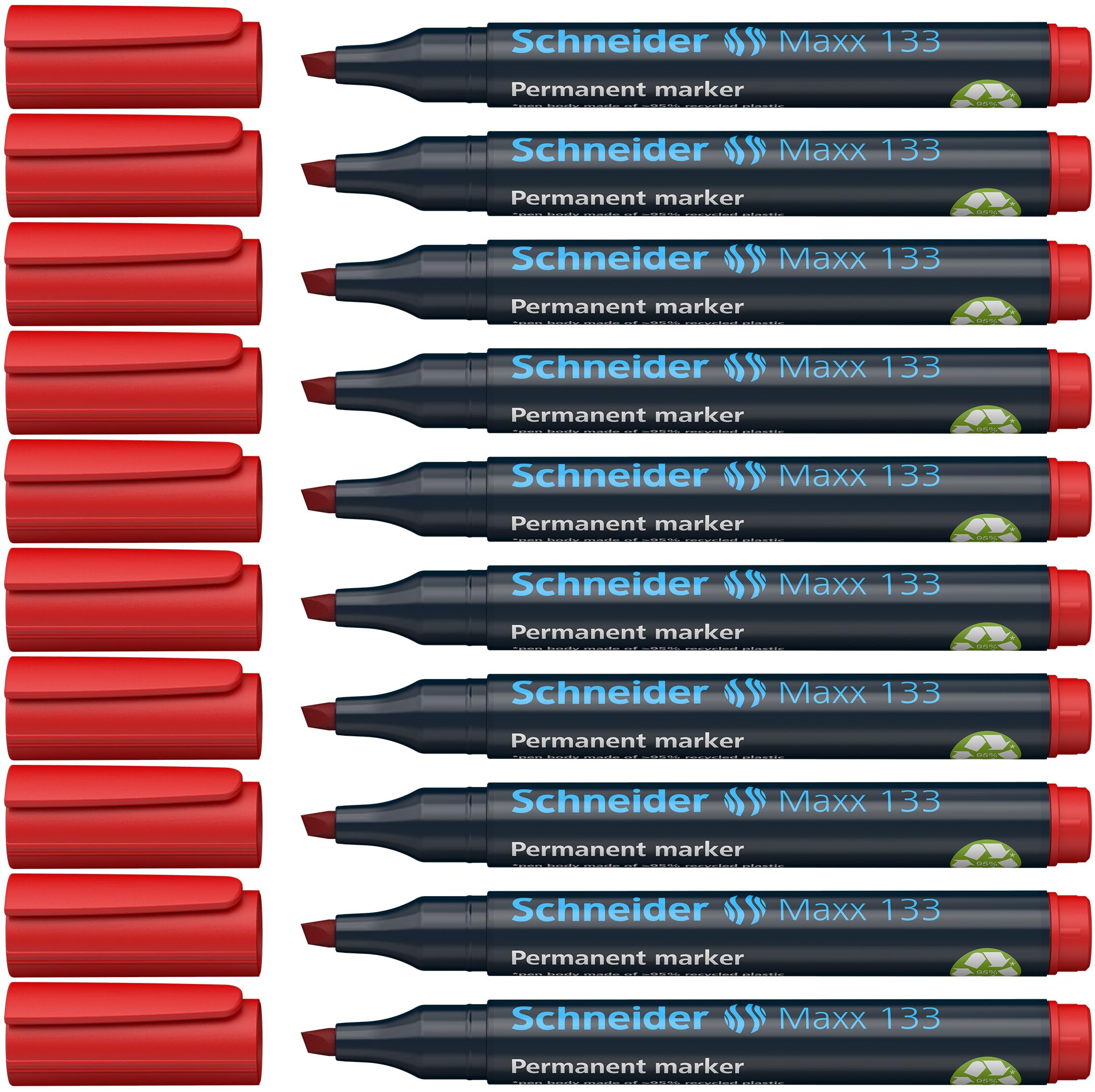 Schneider Maxx 133 Permanent Marker with Chisel Tip (Line Width 1-4 mm, Refillable) Pack of 10 Red