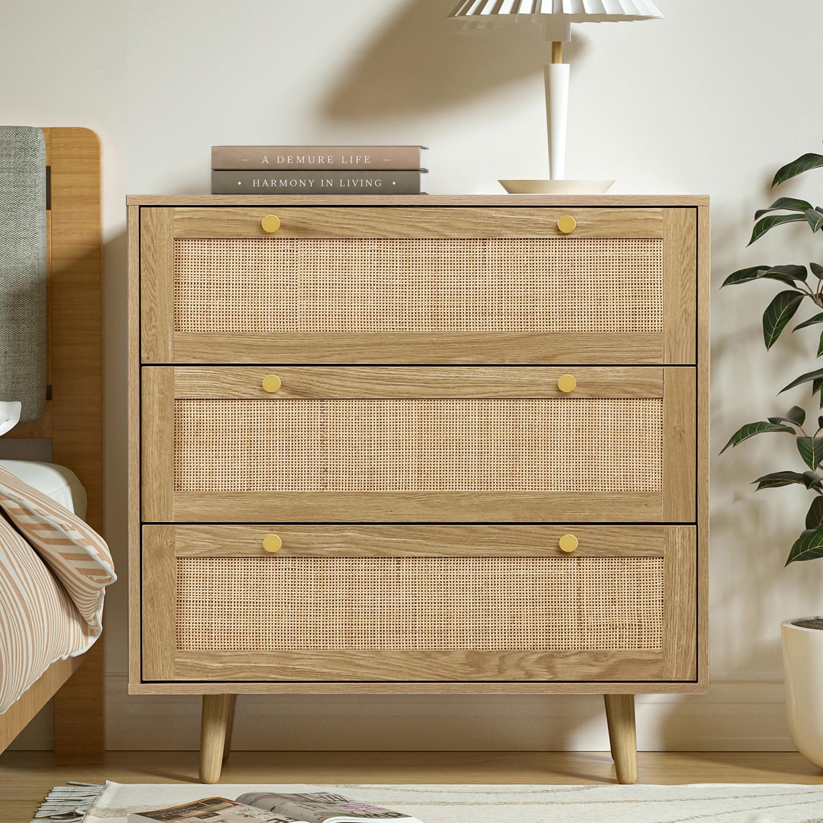 Commode Rotin 3 Tiroirs, Armoire, Meuble de Rangement, Commode Chambre Bois, Bohémien, pour Le Salon, la Chambre à Coucher, la Chambre d'enfant, la Chambre d'adolescent et Le Bureau
