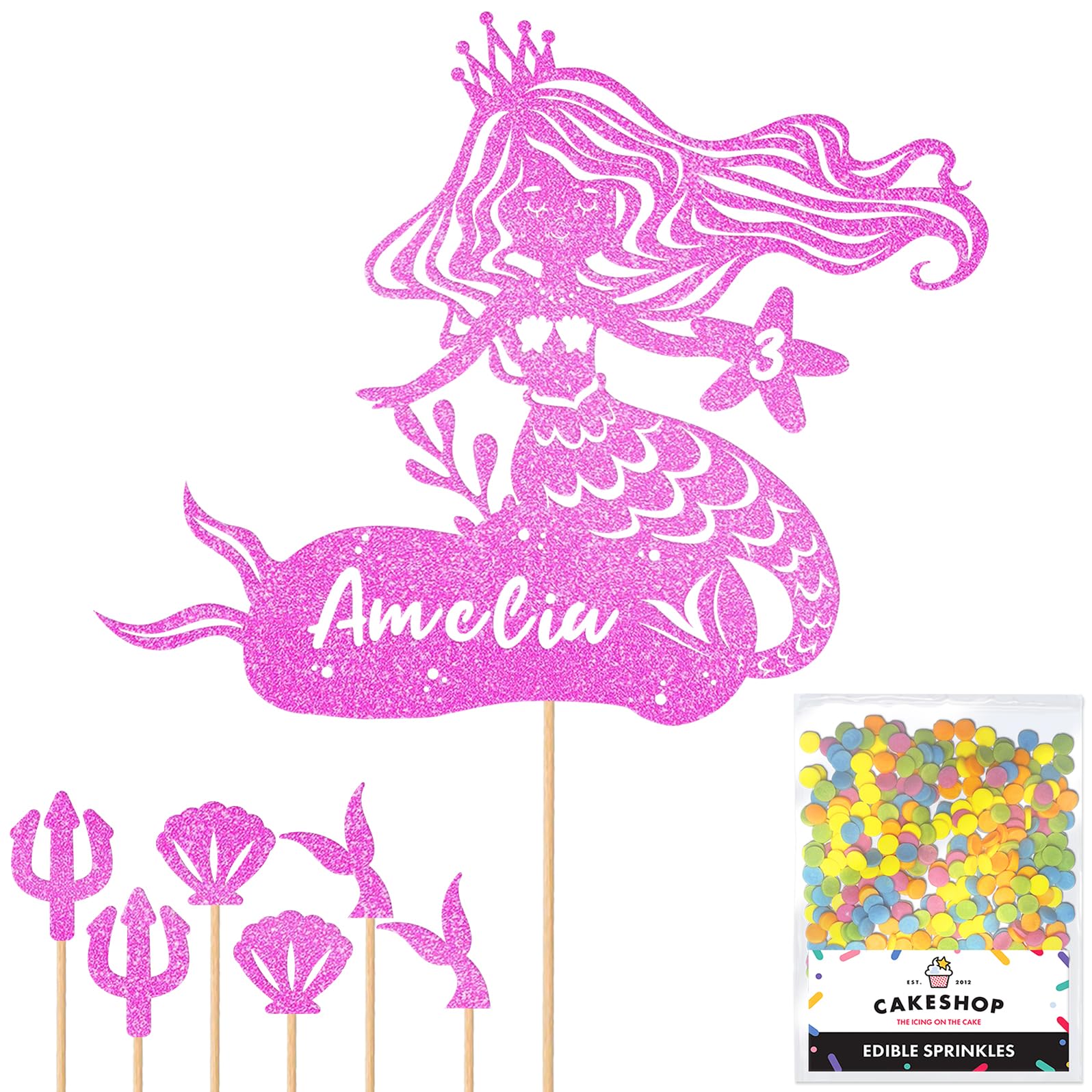 Personalised Birthday Mermaid Glitter Cake Topper- Light Pink Any Custom Age & Name Glitter Cake Decoration and Sprinkles - Happy Birthday Decorations - Personalised Toppers for Cakes by Cakeshop — image 1