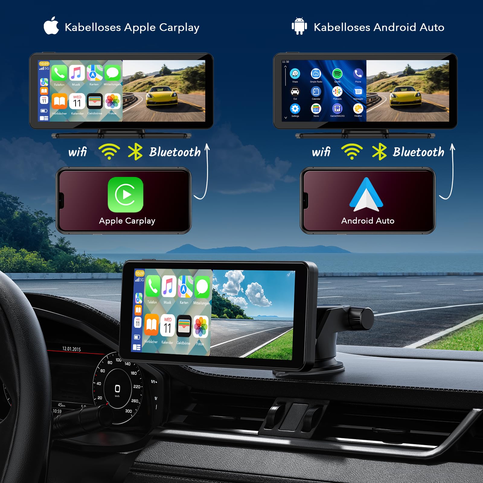 LAMTTO Wireless Carplay Display mit Dashcam 2.5K für CarPlay &Android Auto | 6,86 Zoll Tragbares Car Play Bildschirm Auto mit Live-Navigation,Sprachassistent,Play Music,Mirror Link,BT5.0 AUX FM