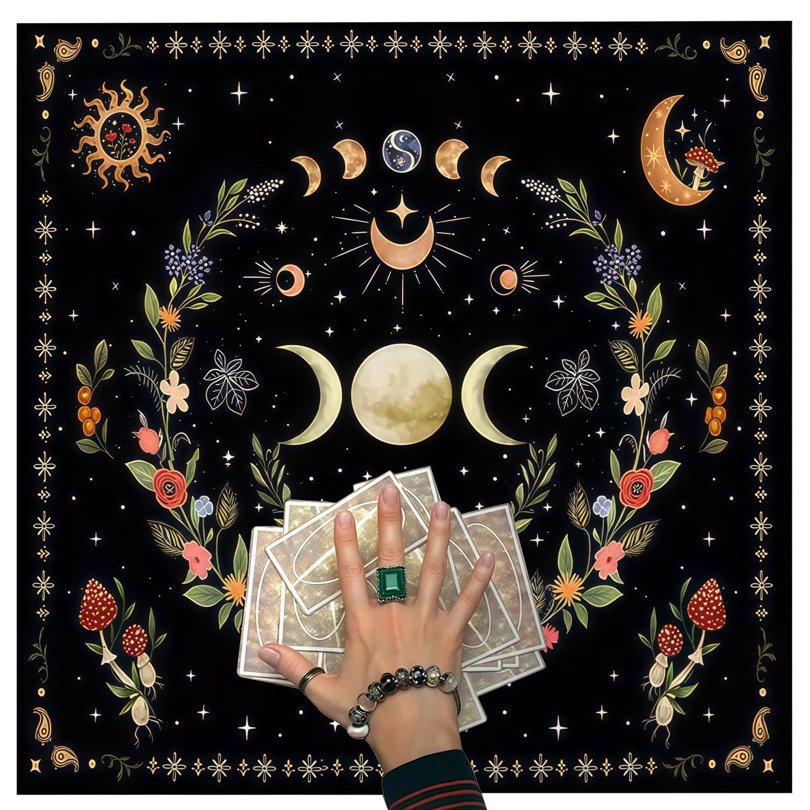 Tappeto per Tarocchi Divinatorio 75x75 cm, Tovaglia da Altare Esoterico con Fasi Lunari e Stelle, Telo per Lettura Carte e Rituali Spirituali