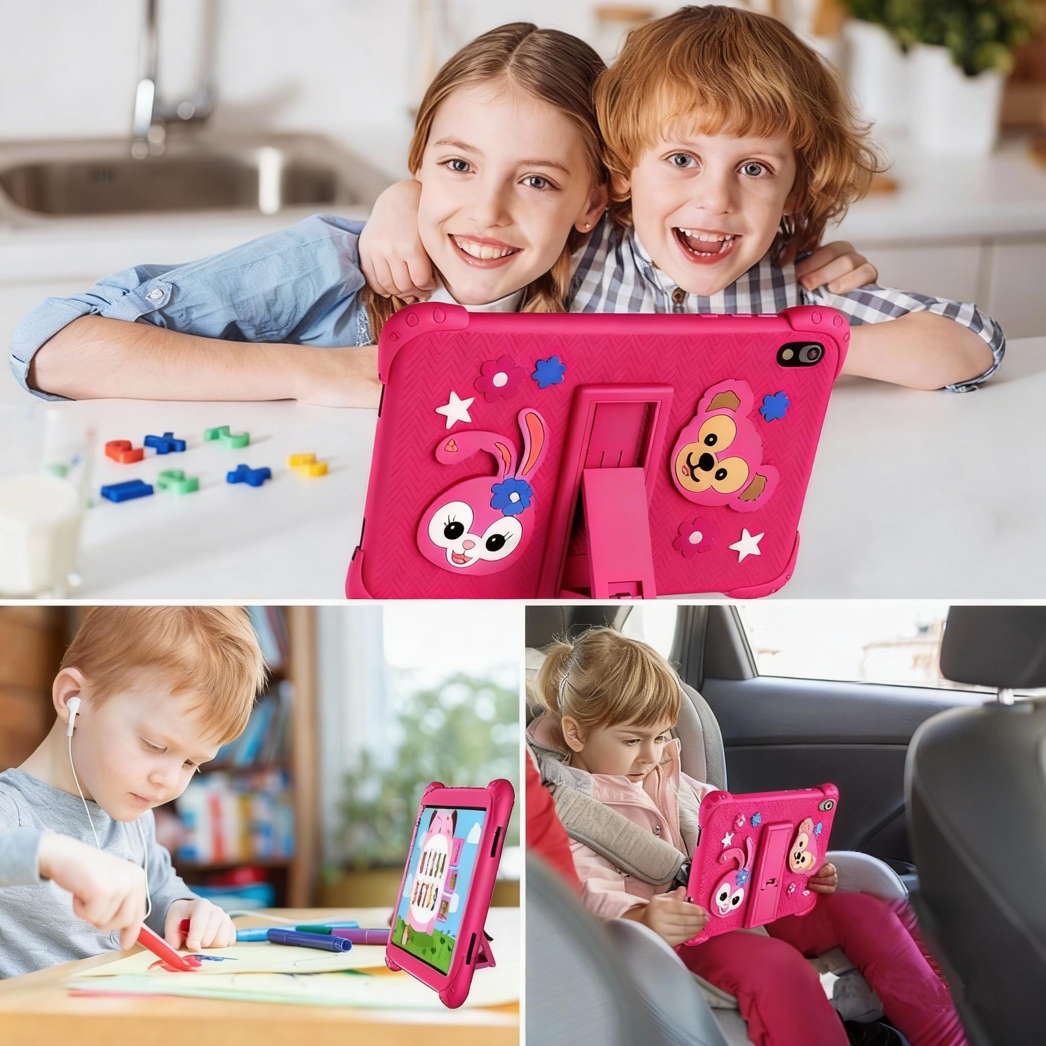 Kinder Tablet 8 Zoll mit WiFi Bluetooth 128 GB ROM 6 GB RAM Touchscreen Android 11 für Kinder 2 bis 10 Jahre,Kindersicherung,6000 mAh Es Wird mit Lern-Tablet mit Hülle,Rosarot