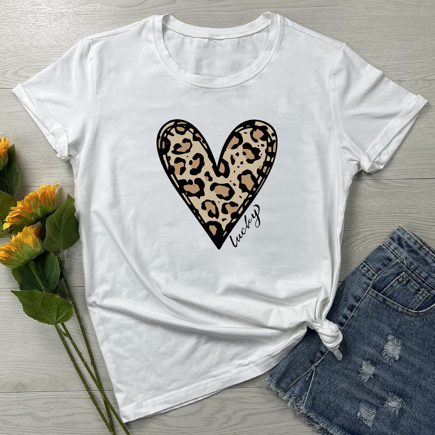 YITAN Women Graphic Tshirts Cute Leopard Heart Tops - Image 2