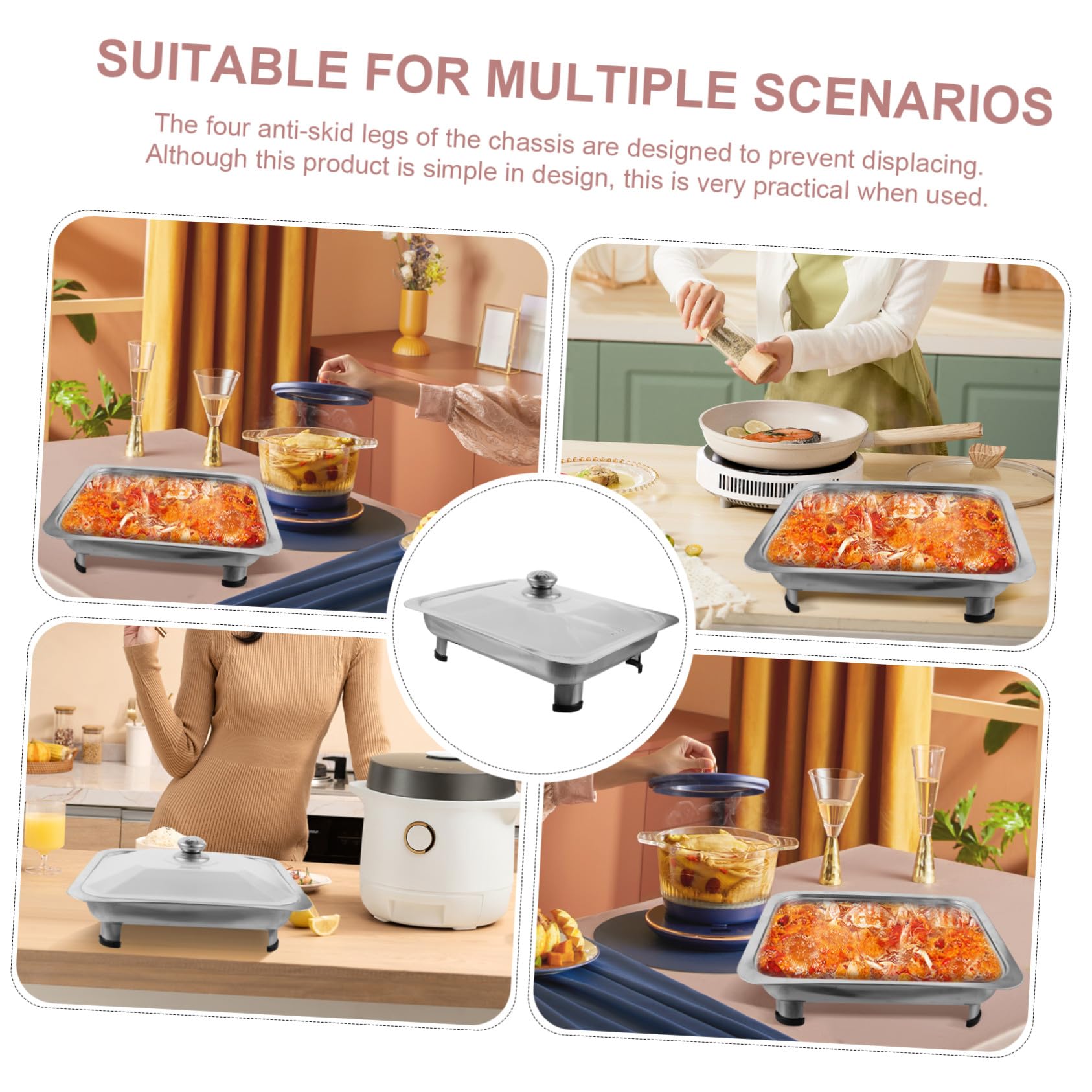 Bandeja para Servir Buffet De Acero Inoxidable 34x28x5 Cm con Tapa De Plástico, Plato Rectangular para Alimentos, Soporte Adecuado para Fiestas y Catering Industrial