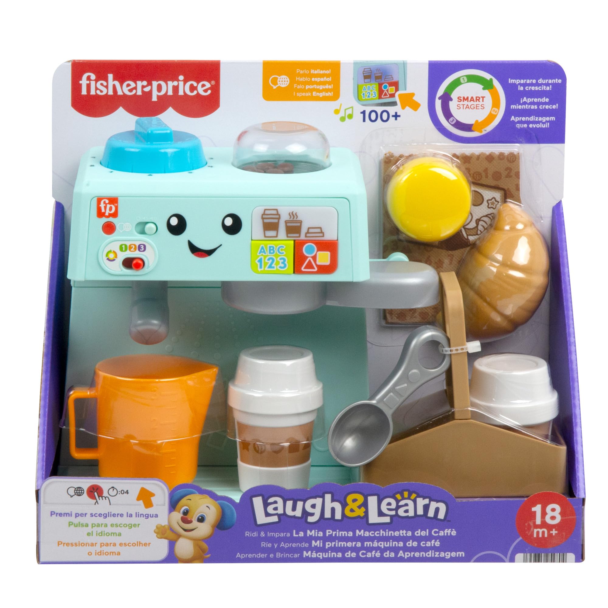 Fisher-Price - La Mia Prima Macchinetta del caffè, Set Smart Stages per l'apprendimento con Pulsanti, Musica e Suoni, 2 Tazze e 8 Accessori Inclusi, Giocattolo per Bambini, 18+ Mesi, HYT02