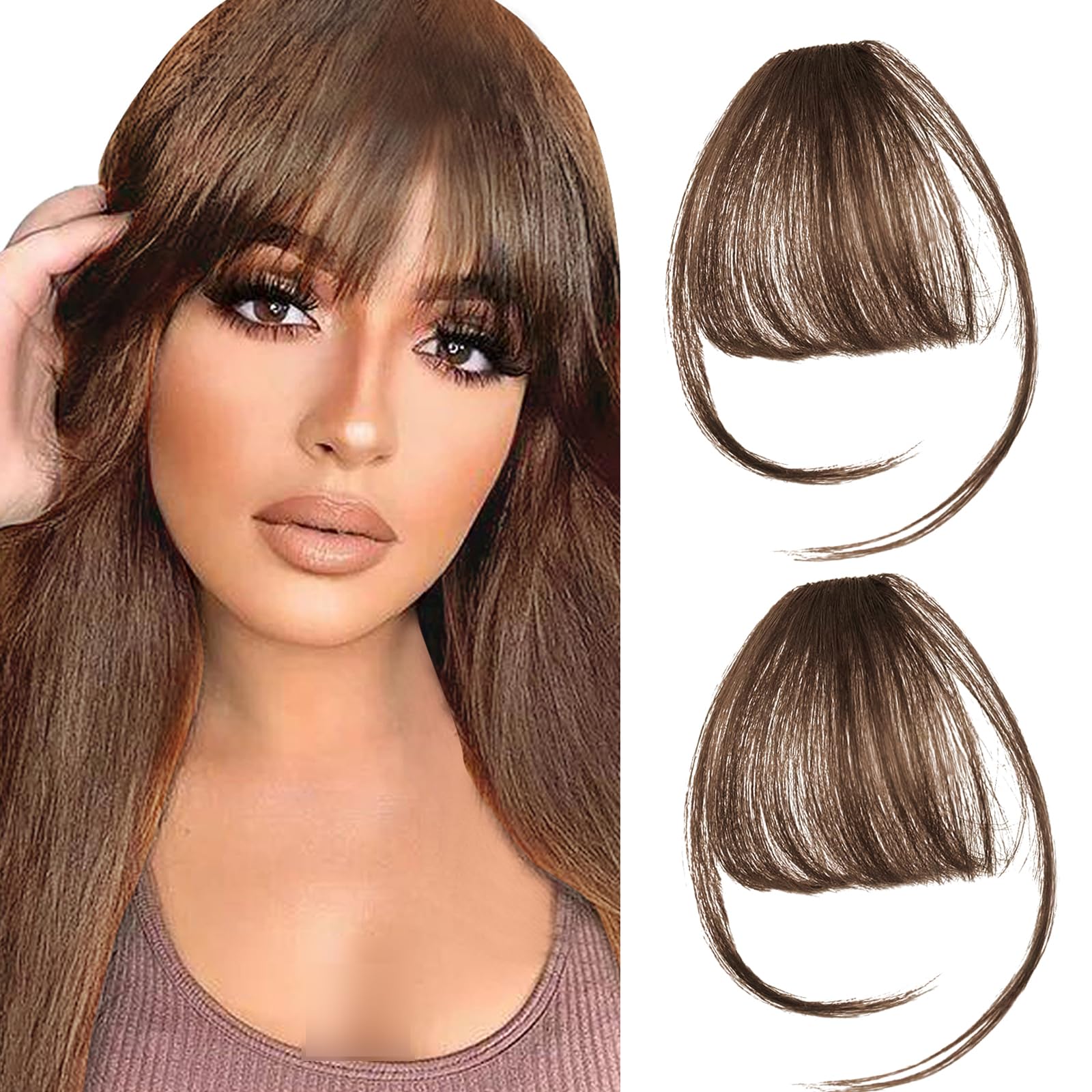 Photo 1 of ***STOCK PHOTO FOR REFERENCE ONLY***
2PCS Clip in Bangs Real Human Hair,Fake Bangs Hair Clip on Bangs for Women,Curved Wispy Bangs with Temples Hairpieces,Bangs Clip in Hair Extensions Air Fringe for Girls Daily Wear - Light Brown