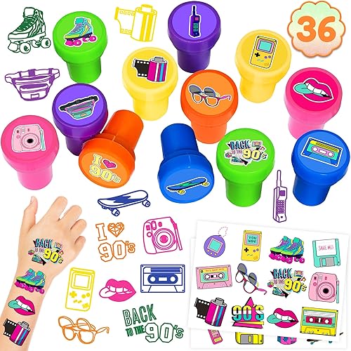 Miniatura 1 de 36 recuerdos de fiesta de los años 90  24 tatuajes temporales y 12 sellos  Ideal para decoración de tarjetas de cumpleaños con temática retro de los