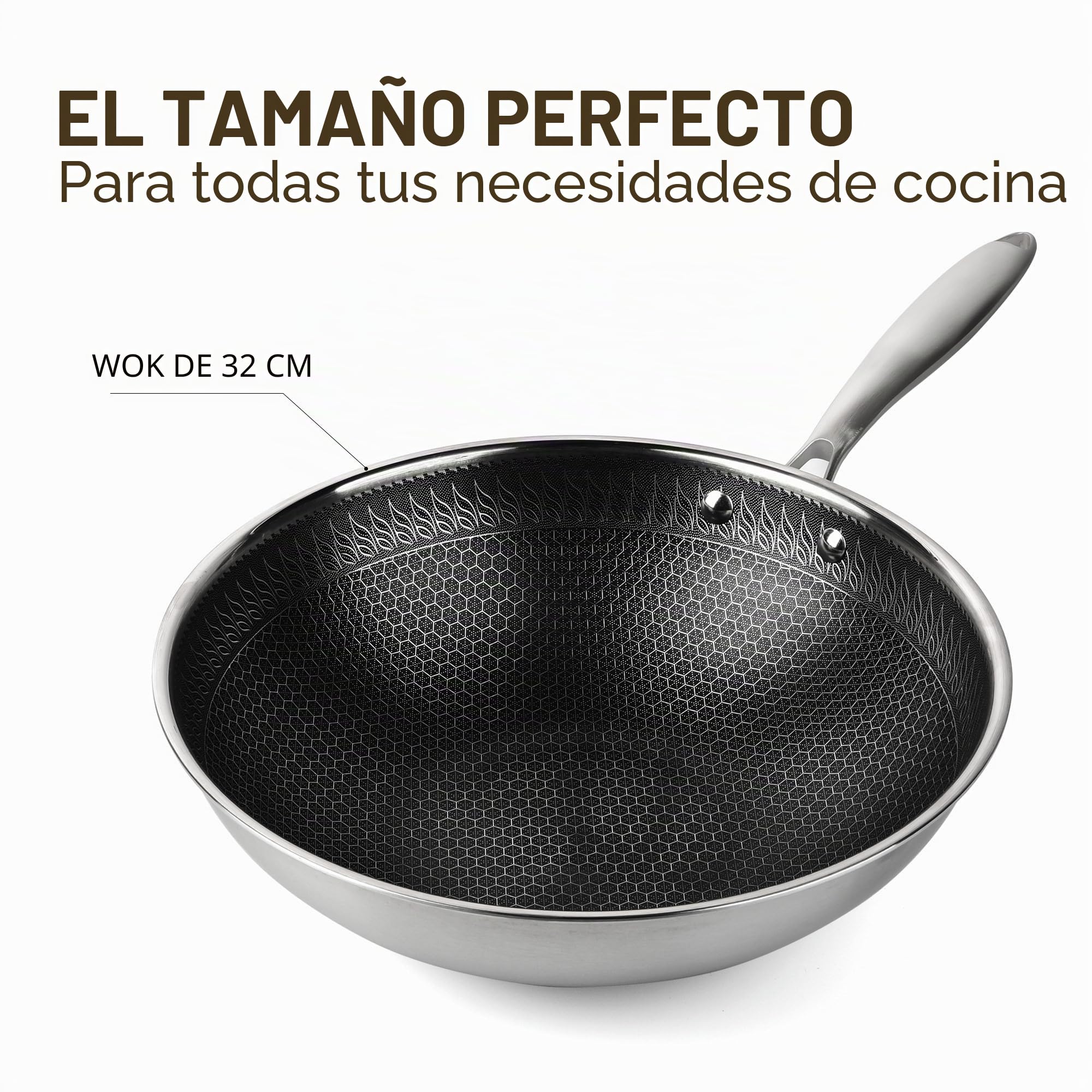RIOVARM 32cm Wok de acero inoxidable con Tapa, Antiadherente Fondo Plano Sartén Wok, Tri-Ply Estructura de nido de abeja, Apta para lavavajillas Resistente al horno, Inducción, Gas, Sin PFOA ni PTFE