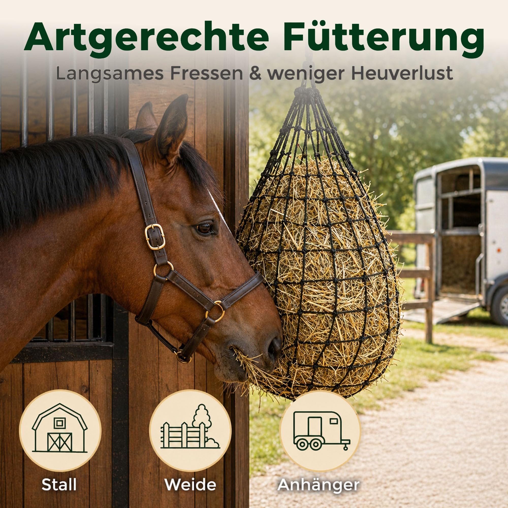 3 stück Heunetz für Pferde Engmaschig – 10kg Runder Heusack mit Tragetasche, Hängendes Heutasche als Futternetz fürs Pferd, für Stall/Weide/Pferdeanhänger, Rundballen & Heuballen, Langsames Füttern
