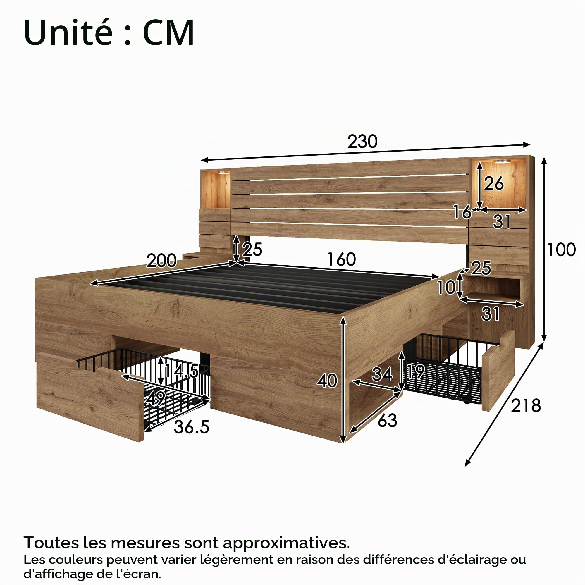 Lit 160x200 cm avec Rangement,Lits et Cadre de Lit pour Adulte Bois avec 4 Tiroirs,Tables de Chevet Suspendues,LED et USB Type-C,Lit Double Aspect chêne(sans Matelas)