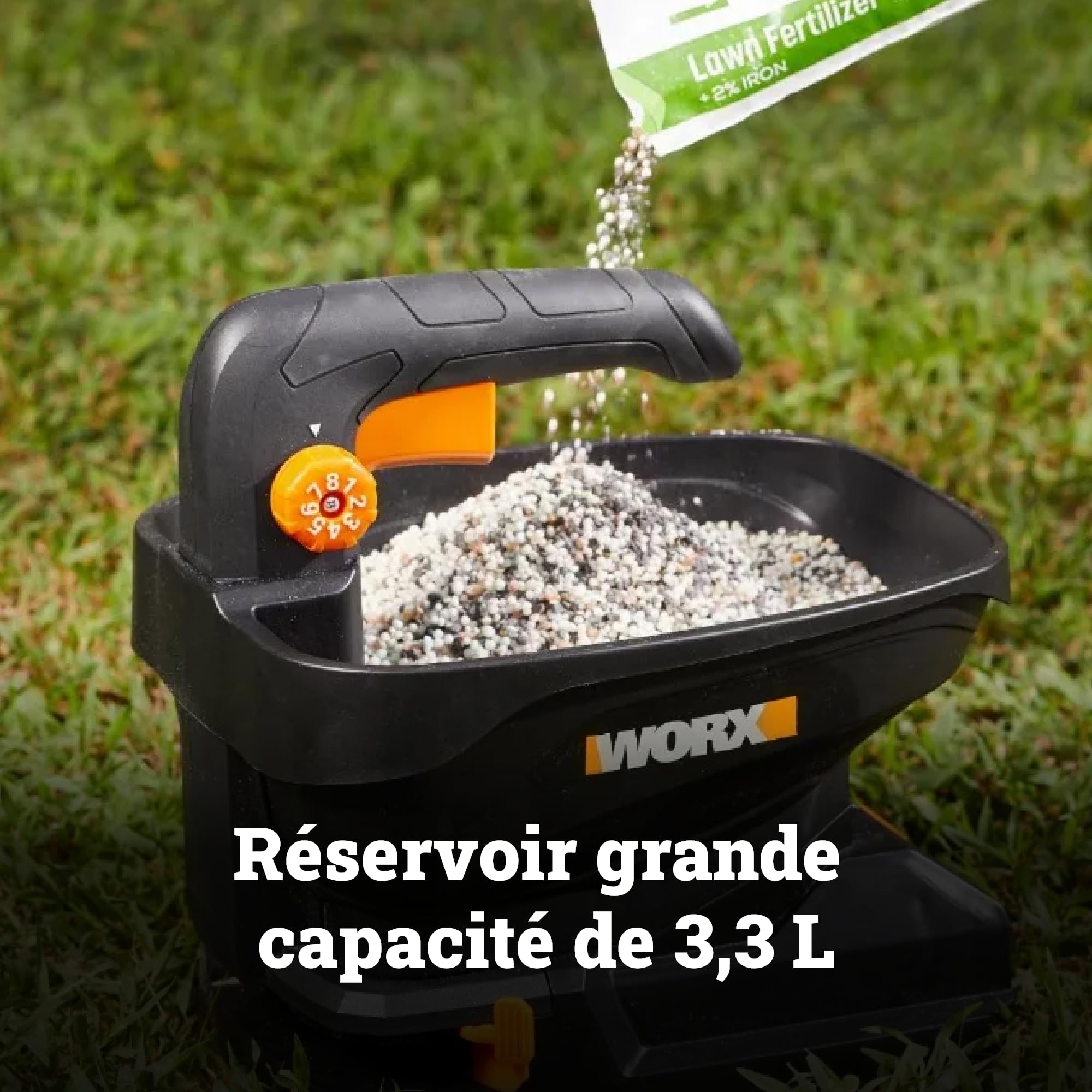 WORX Épandeur sans fil universel 20V WG869E.9, largeur d’épandage 5 m, réservoir 3,3 L, jusqu’à 550 m² par remplissage, débit réglable, pour engrais et sel de déneigement, sans batterie ni chargeur