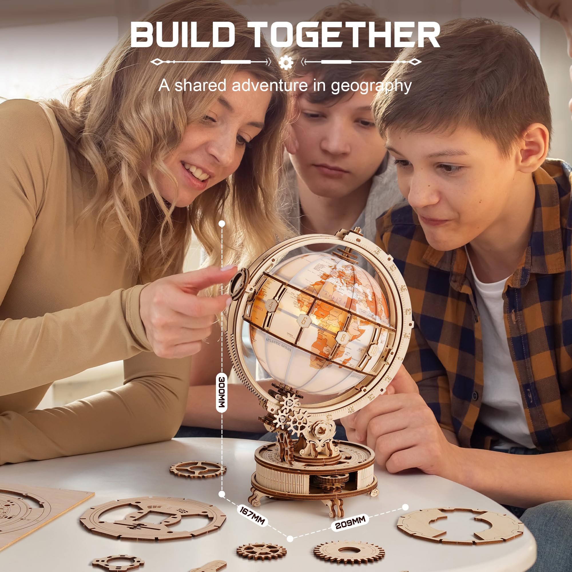 ROKR 3D Holzpuzzle Globus ST003D Selbstdrehender Modellbausatz für Erwachsene mit LED Dekoration Mechanisches 3D Puzzle Holzmodellbausatz Geschenk für Frauen Männer