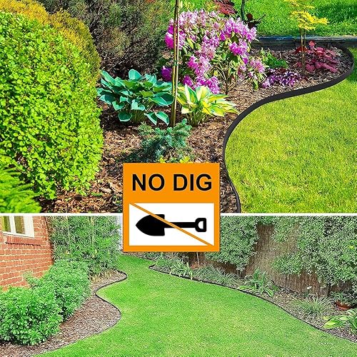 Miniatura 6 de Kit de bordes de plástico sin excavación con 30 picos para jardinería de césped y jardines de flores, 4 pulgadas de alto, 33 pies de longitud (negro)