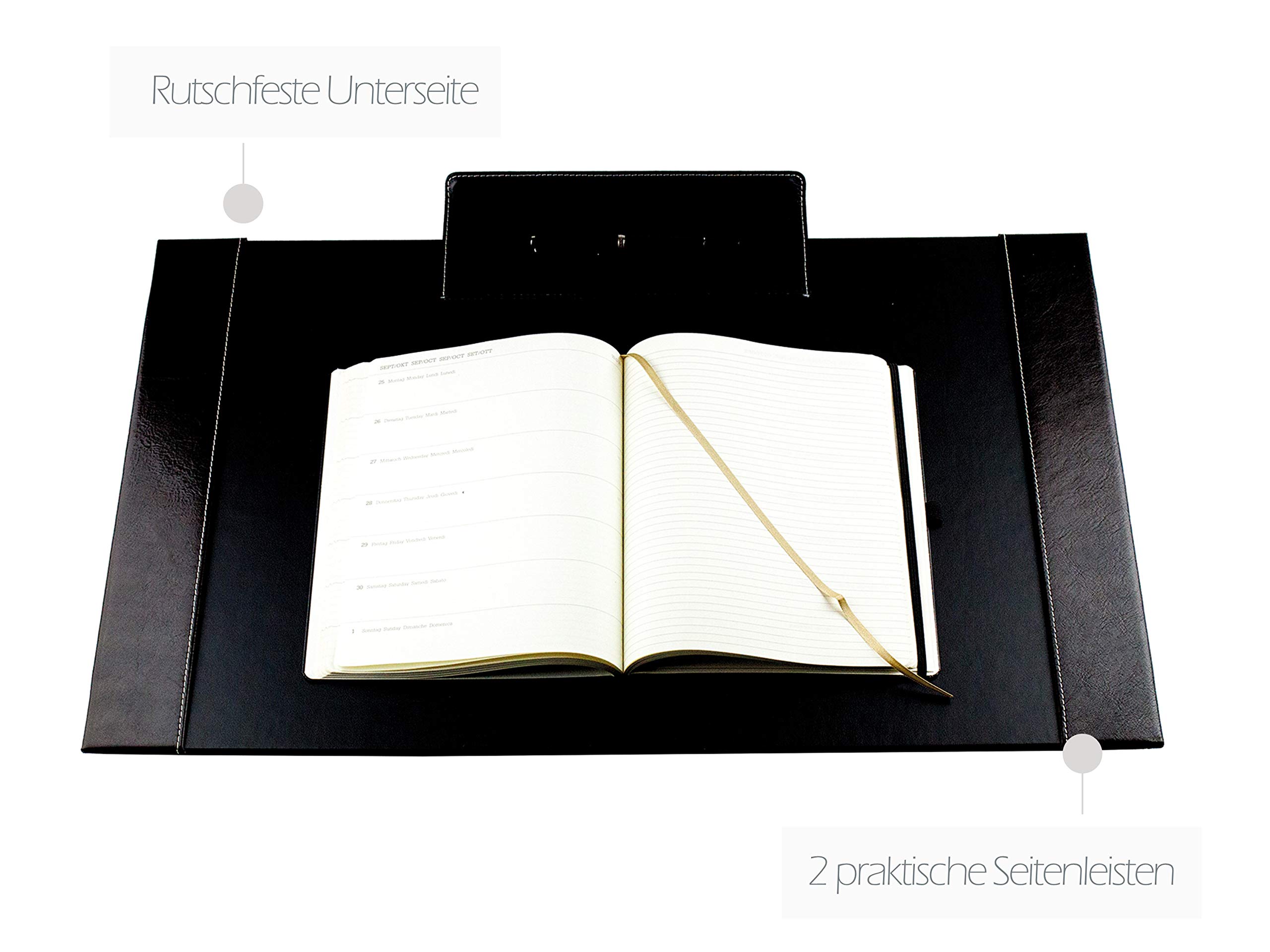 DELMON VARONE - Personalisierbare Schreibtischunterlage mit 2 Seitenfächer Vintage Leder Anilin schwarz, Rutschfeste Schreibunterlage abwaschbar, Schreibtisch Unterlage ideal als Mousepad, 64x42 cm