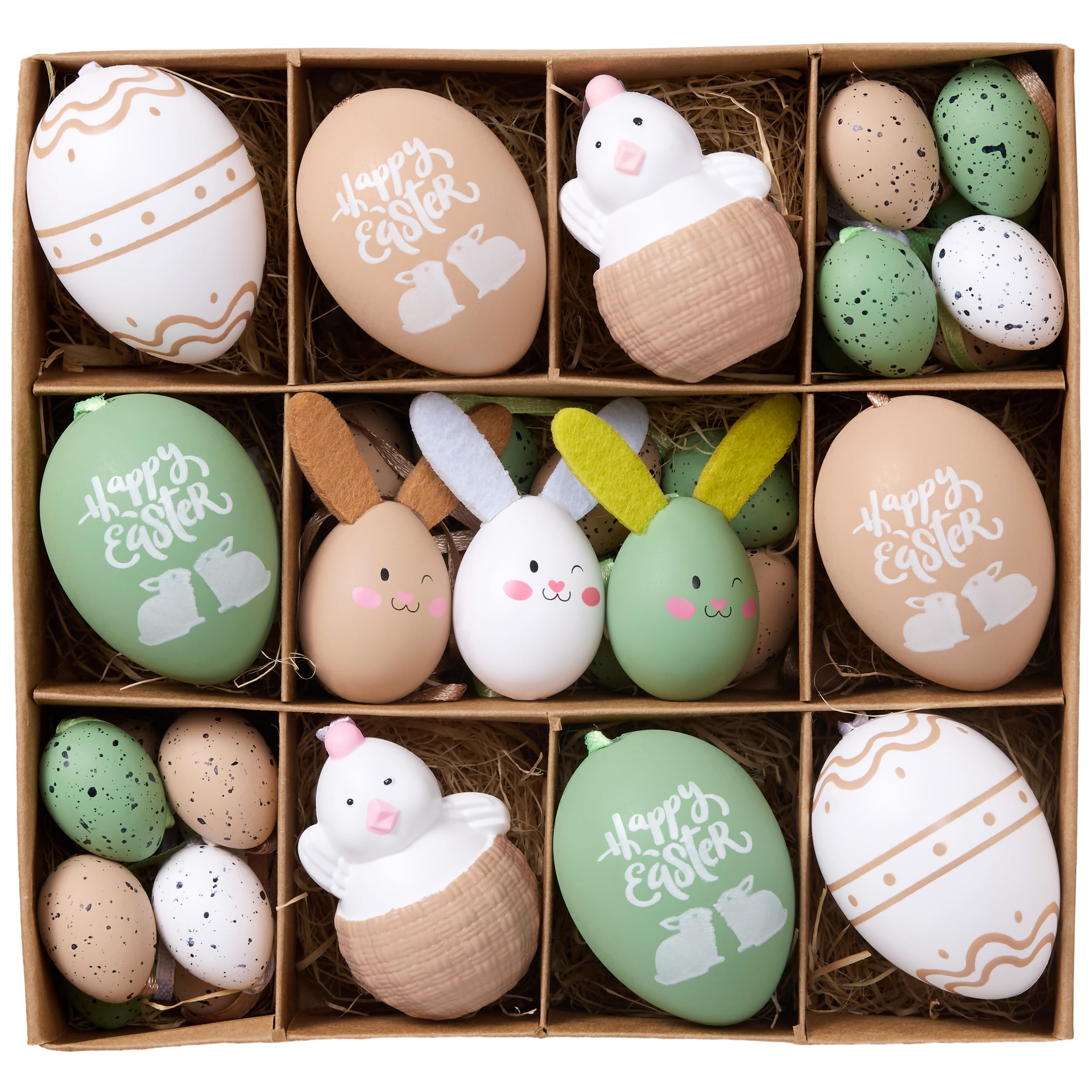 Valery Madelyn 35Pcs Easter Eggs Ornaments Tree Decorations, Beige Green Plastic Easter Eggs Bulk Tree Ornaments, 1.2"-2.4" Shatterproof Decorative Hanging Egg for Spring Party Decor