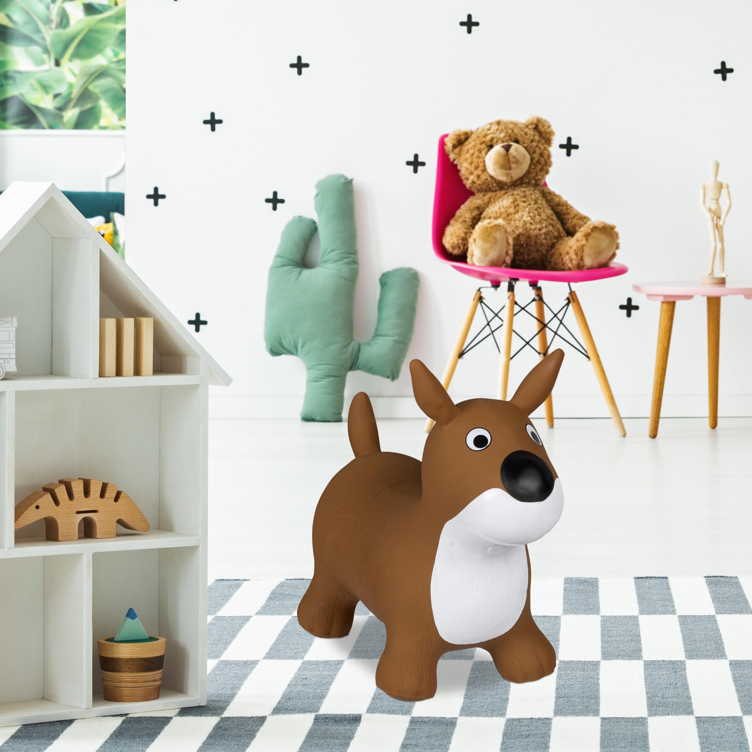 Animal Sauteur Gonflable En Forme De Chien – Jusqu’à 50 Kg, Sans BPA, Avec Pompe Manuelle – Dès 3 Ans, Pour Intérieur Et Extérieur – Gris Et Blanc