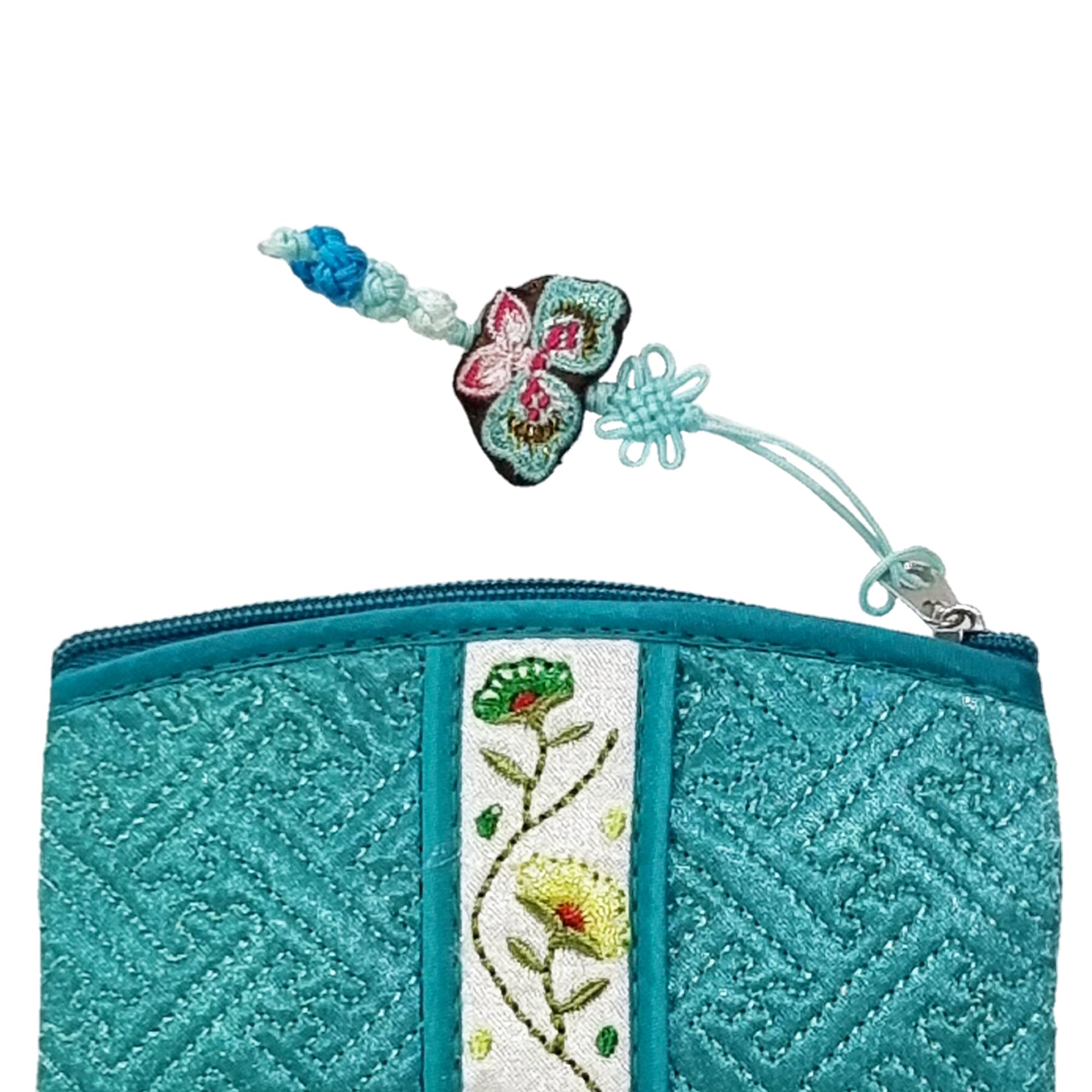 Seoulful Vintage Korean Embroidered Card Pouch - Wildflower Design Coin Purse with Butterfly Charm - Traditional Korean New Year's Gifts (Mint)