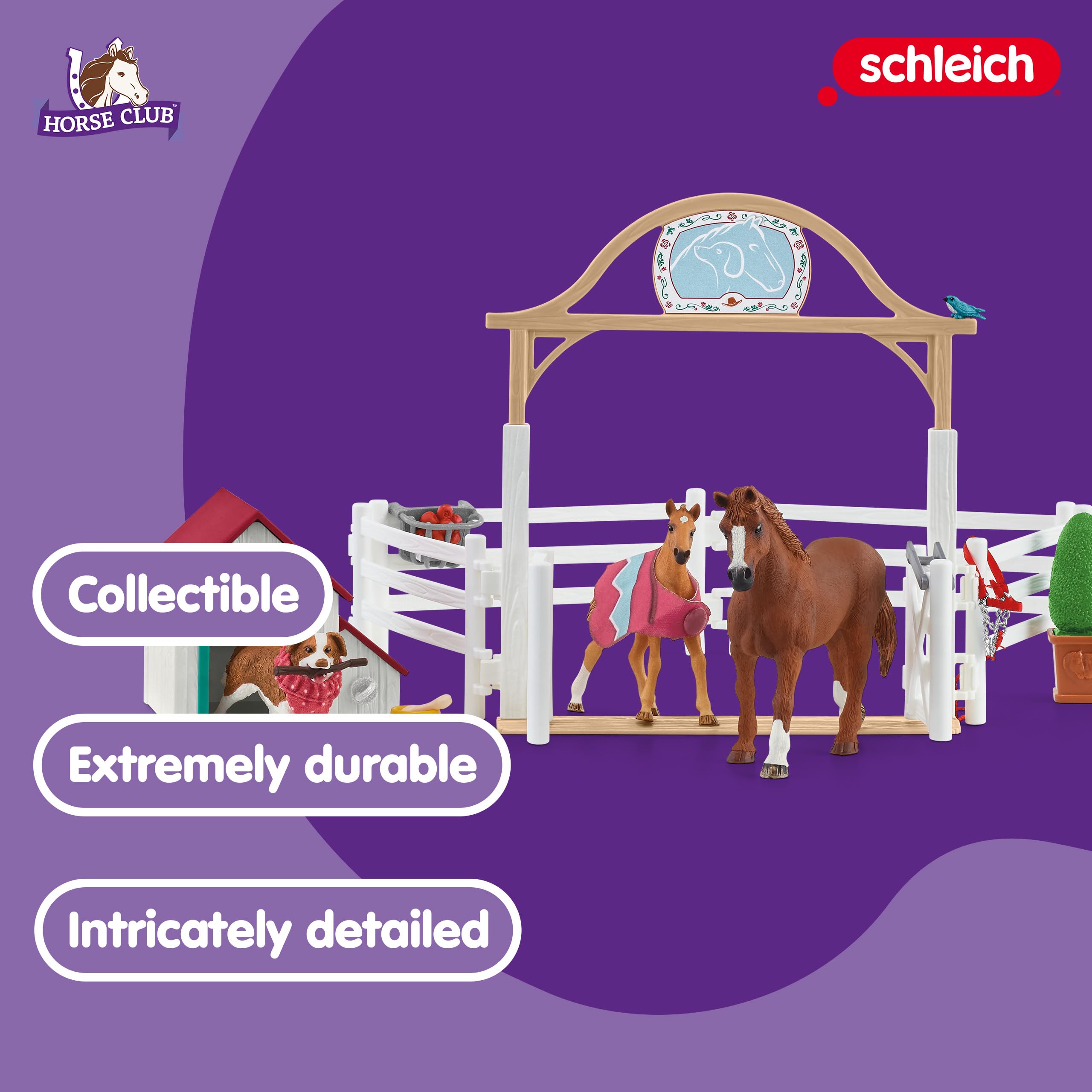 SCHLEICH 42458 Horse Club Hannahs konie gościnne z suką Ruby, 33-częściowy zestaw do zabawy z 2 figurkami koni, 1 x figurka psa i akcesoria, zabawka dla dzieci od 5 lat