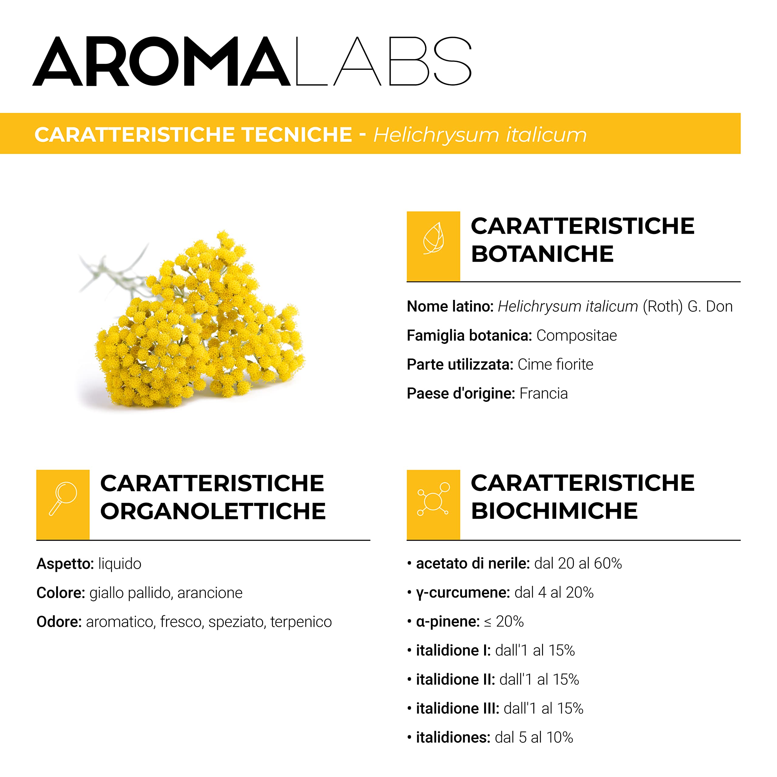 Elicriso Italiano BIO (Helichrysum italicum - subsp. italicum) - 10 mL - Olio Essenziale Chemiotipizzato e Certificato AB - Aroma Labs - Made in France