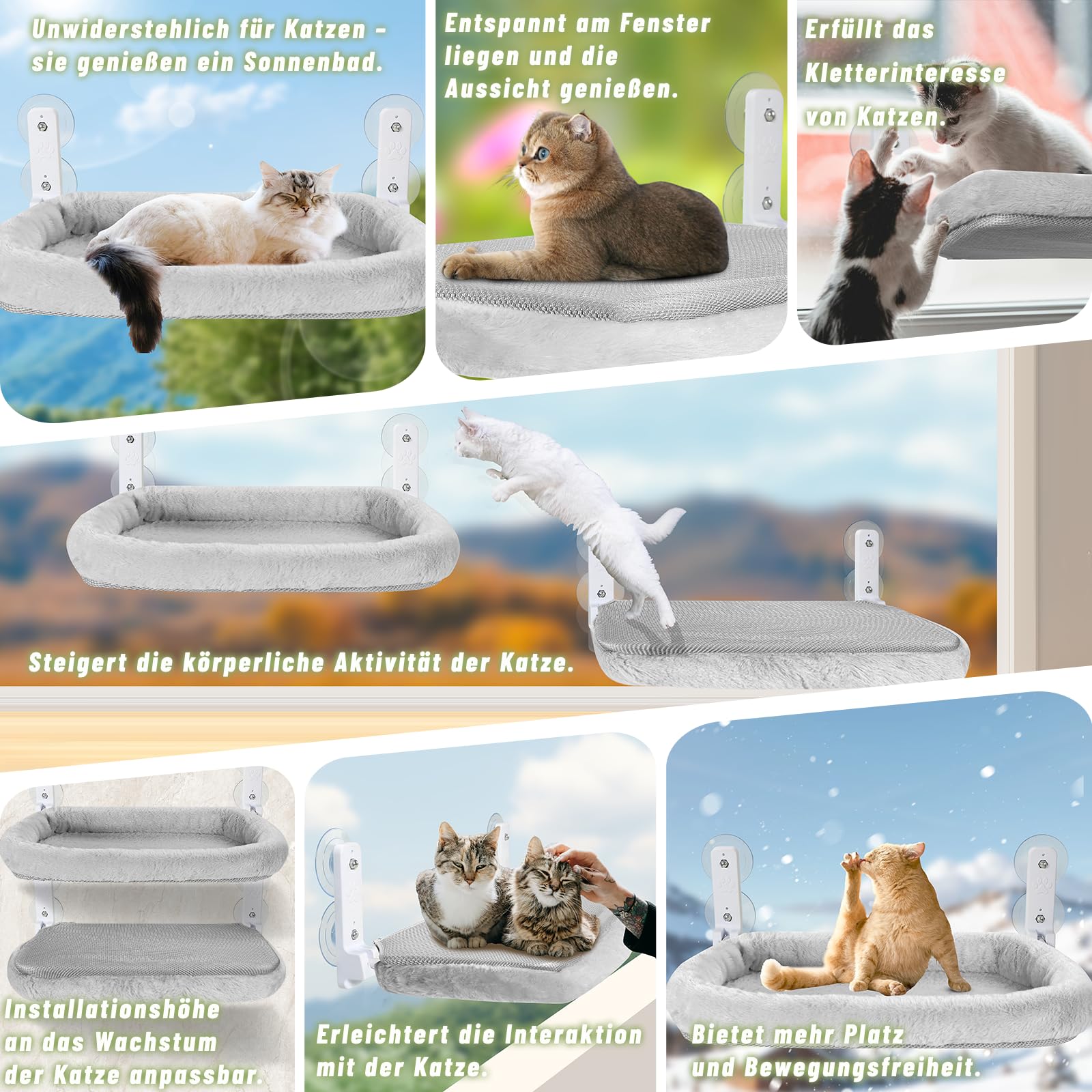 Fensterliege für Katzen 60×30cm, Katzen Hängematte mit Stabilen Saugnäpfen, Klappbare Katzenbett für Fenster, Fensterbank Katzenliege Bis zu 20kg, Grau
