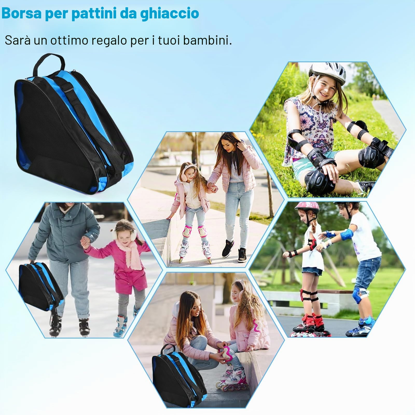 Borsa Pattini Borsa per Pattini a Rotelle Traspirante a Triangolo Borsa per Pattini in Linea in Tessuto Oxford Borsa Porta Pattini Ghiaccio Borsa Portapattini con Tracolla Regolabile, Blu