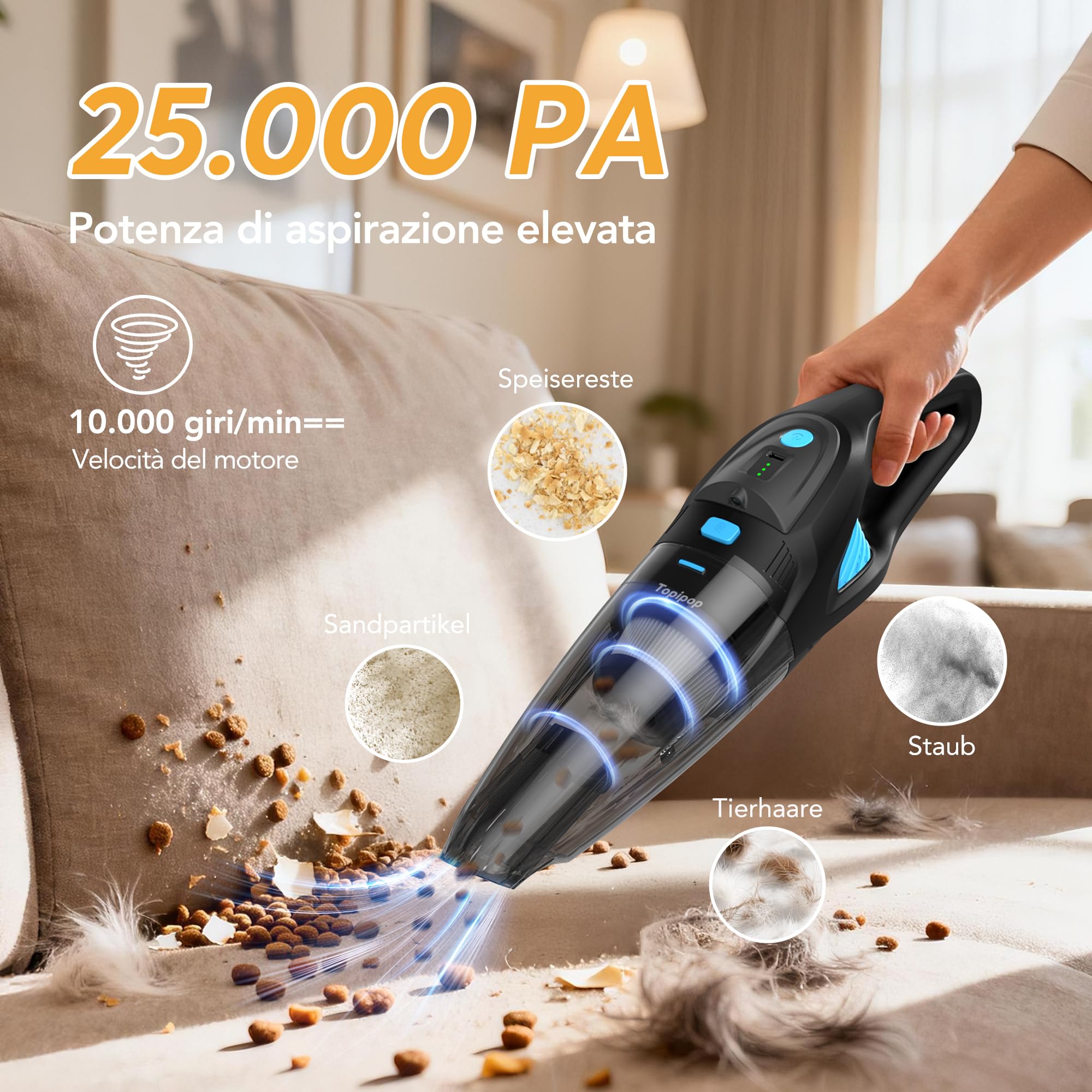 Topipop Aspirapolvere a batteria, 25000 Pa, senza fili